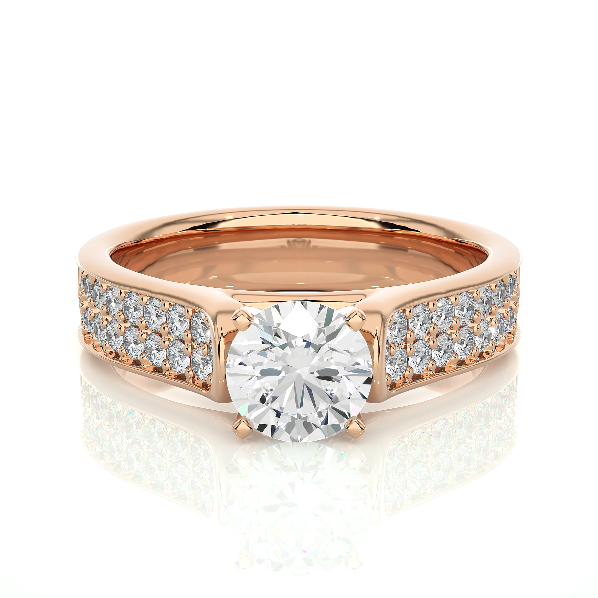 Round Diamond Ring – Solitaire Diamond with Two Lines of Small Diamonds on Thick Band