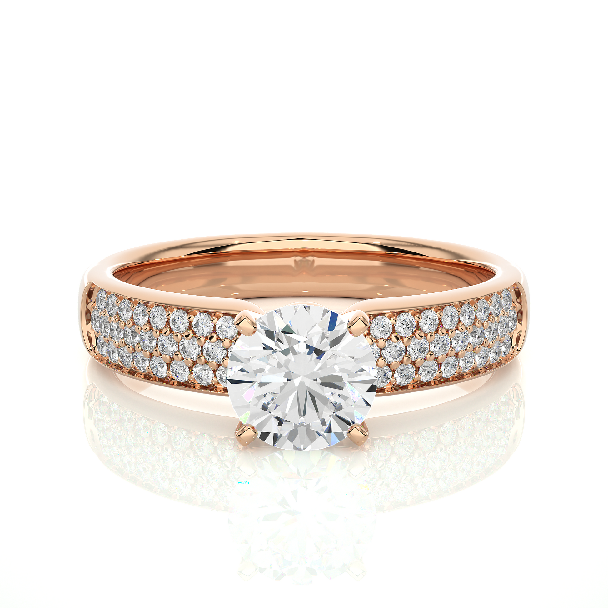 Round Diamond Ring – Solitaire Diamond with Three Lines of Small Diamonds on Thick Band