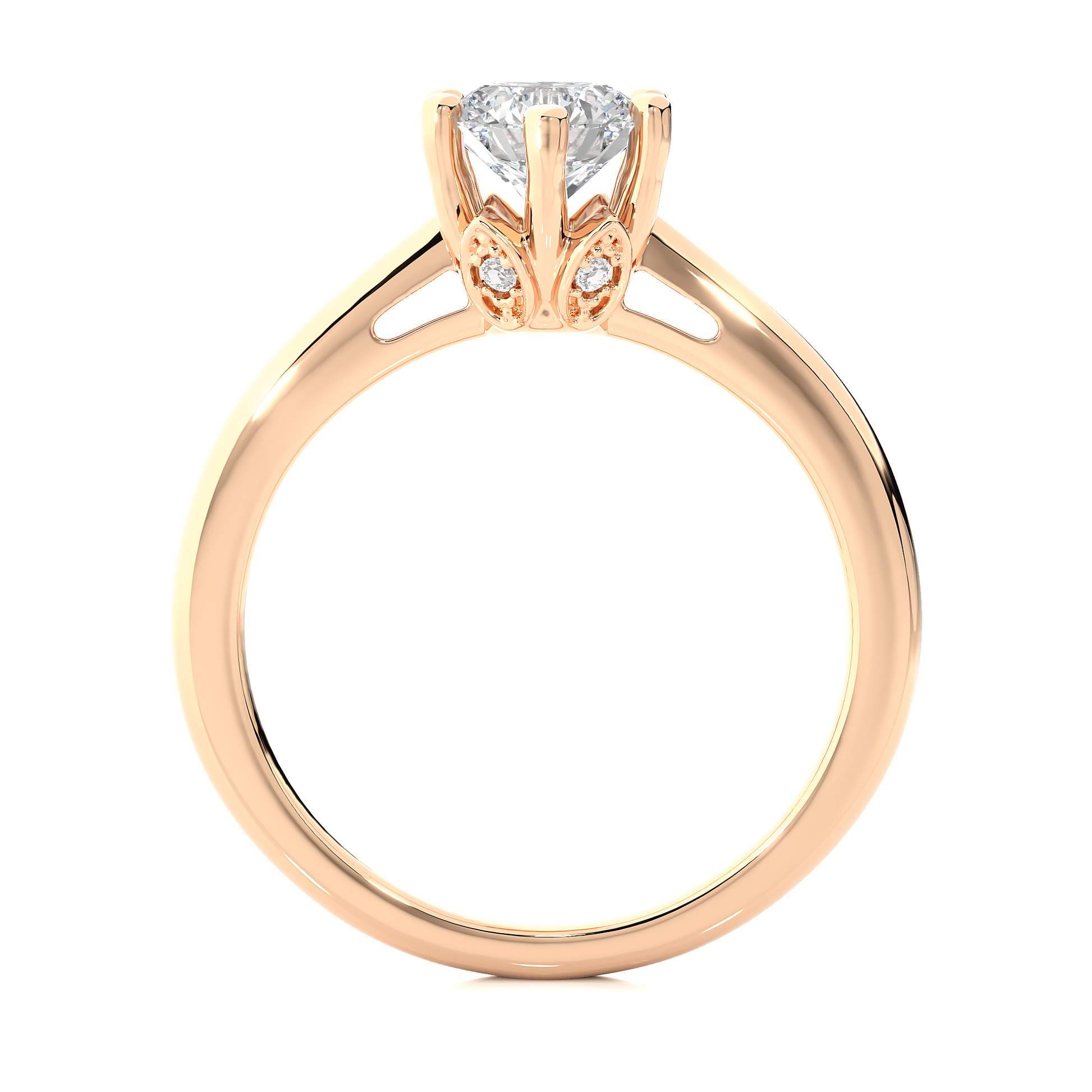Round Diamond Ring – 6-Side Supported with Circular Diamond and Small Top Circle in Plain Gold