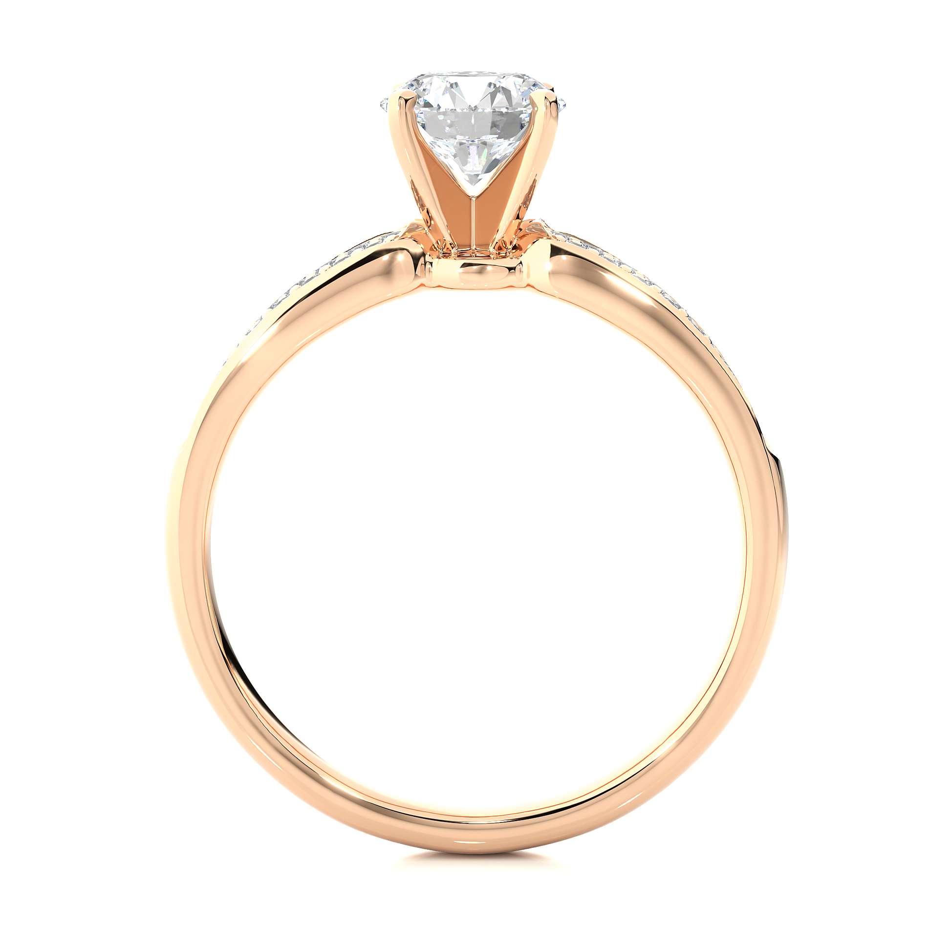 Round Diamond Ring – Solitaire Diamond with Three Lines of Small Diamonds on Thick Band