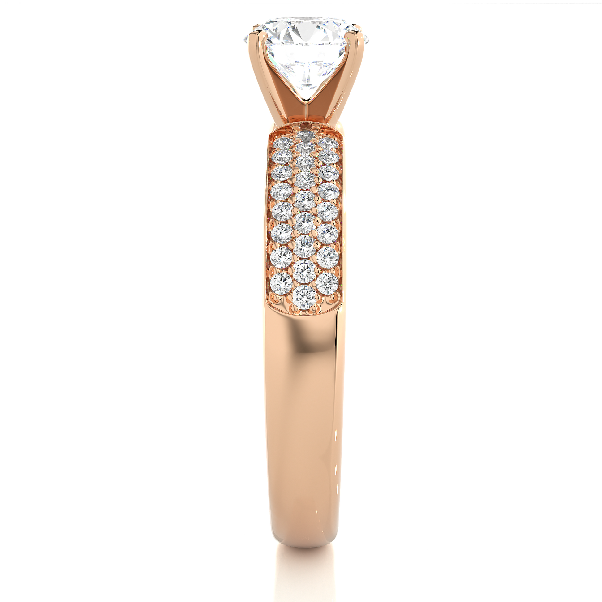 Round Diamond Ring – Solitaire Diamond with Three Lines of Small Diamonds on Thick Band