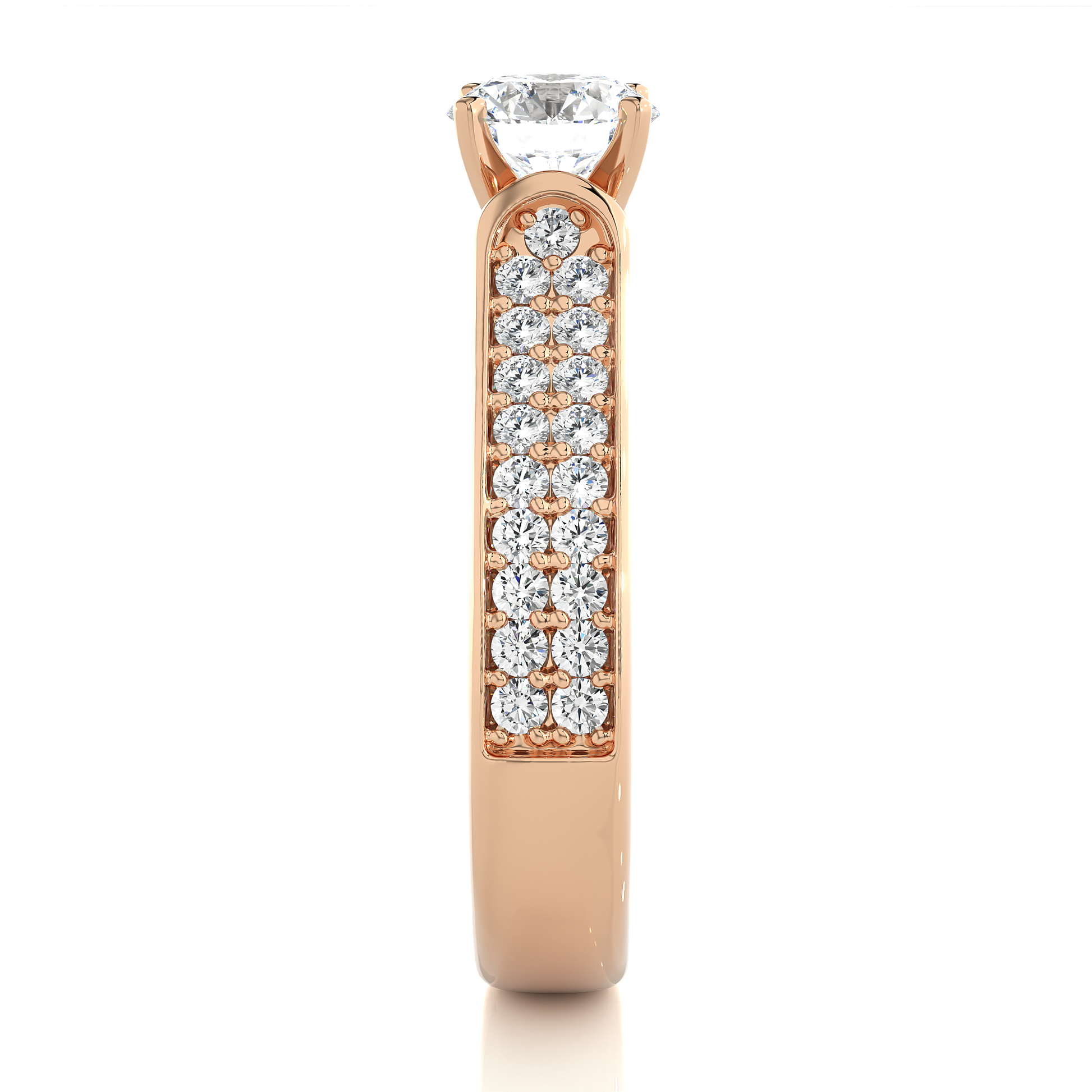 Round Diamond Ring – Solitaire Diamond with Two Lines of Small Diamonds on Thick Band