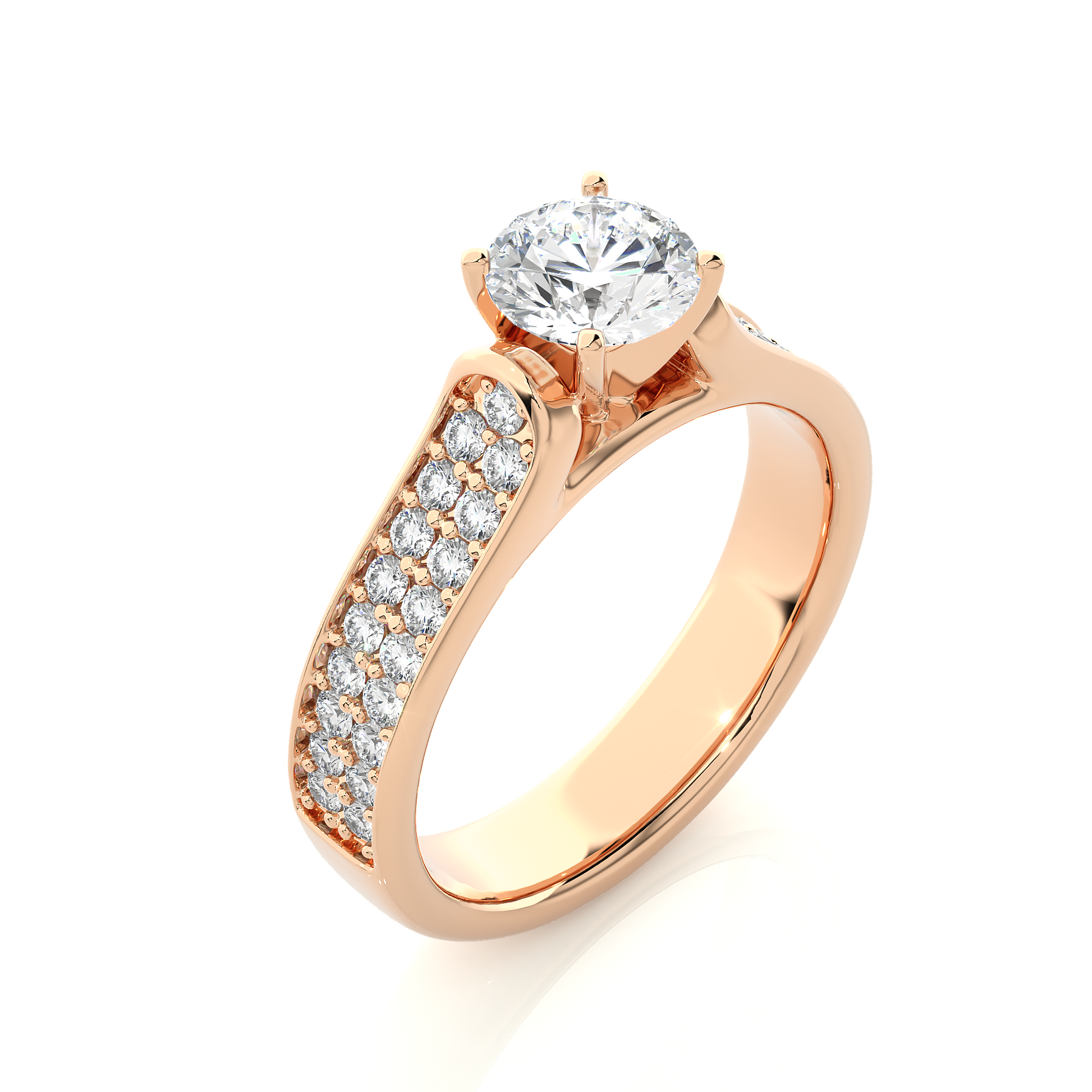 Round Diamond Ring – Solitaire Diamond with Two Lines of Small Diamonds on Thick Band