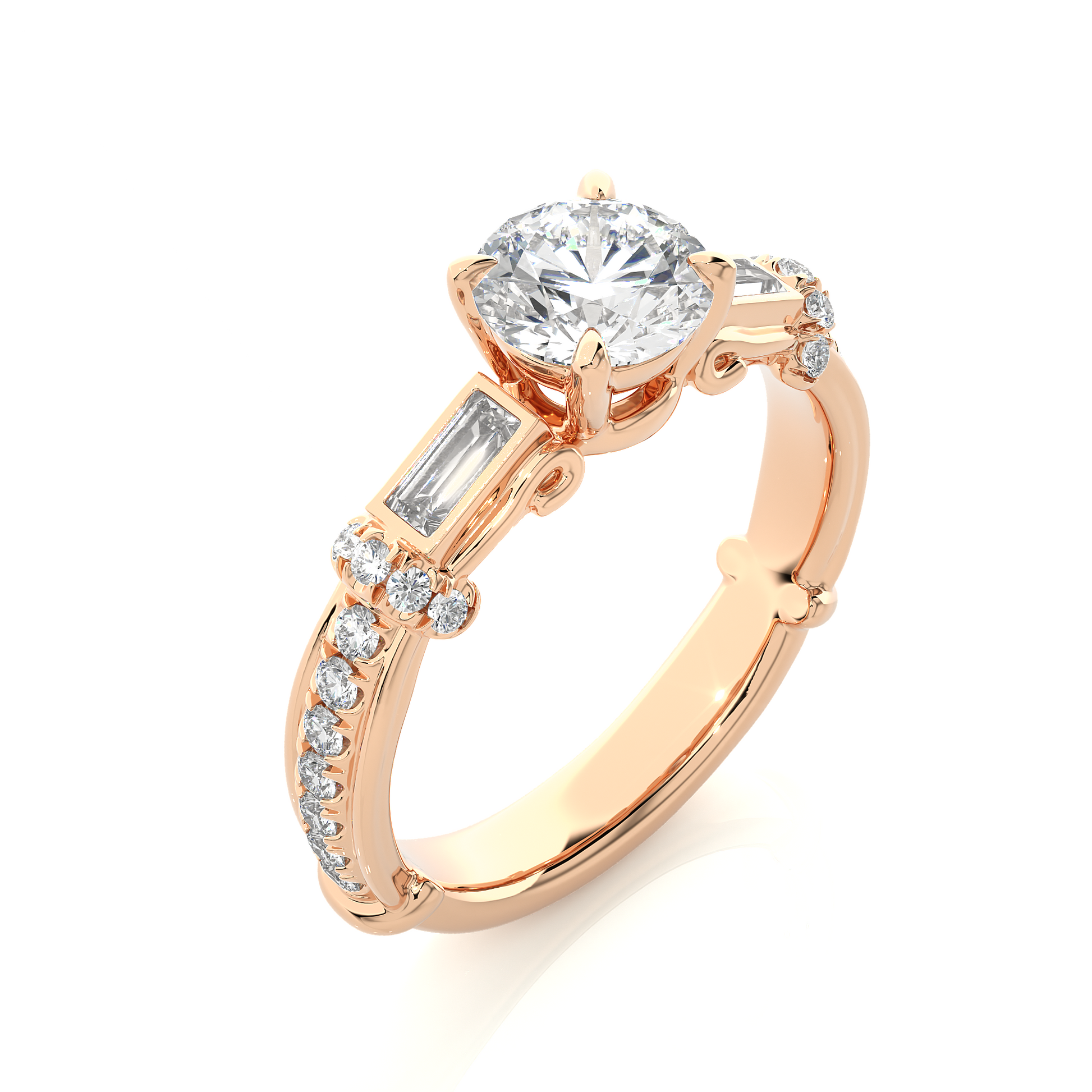 0.22+1+0.30 Ct Baguette + Round + Round Diamond Ring