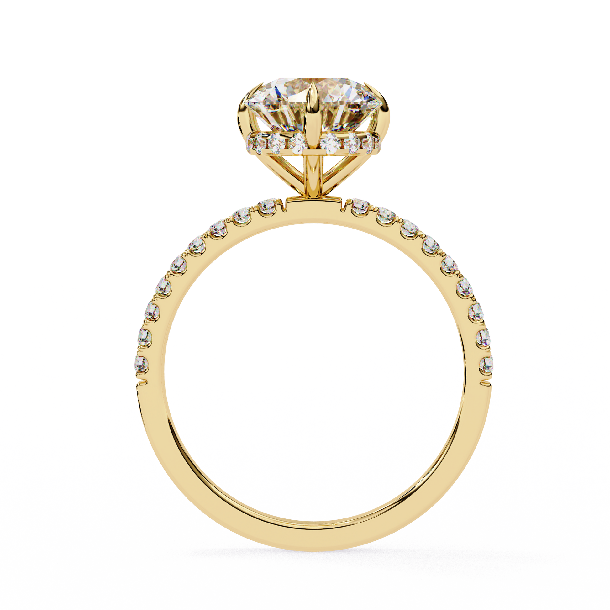 Timeless Elegance: Round Cut Lab-Grown Diamond Ring with Basket Halo and Diamond Band in Gold