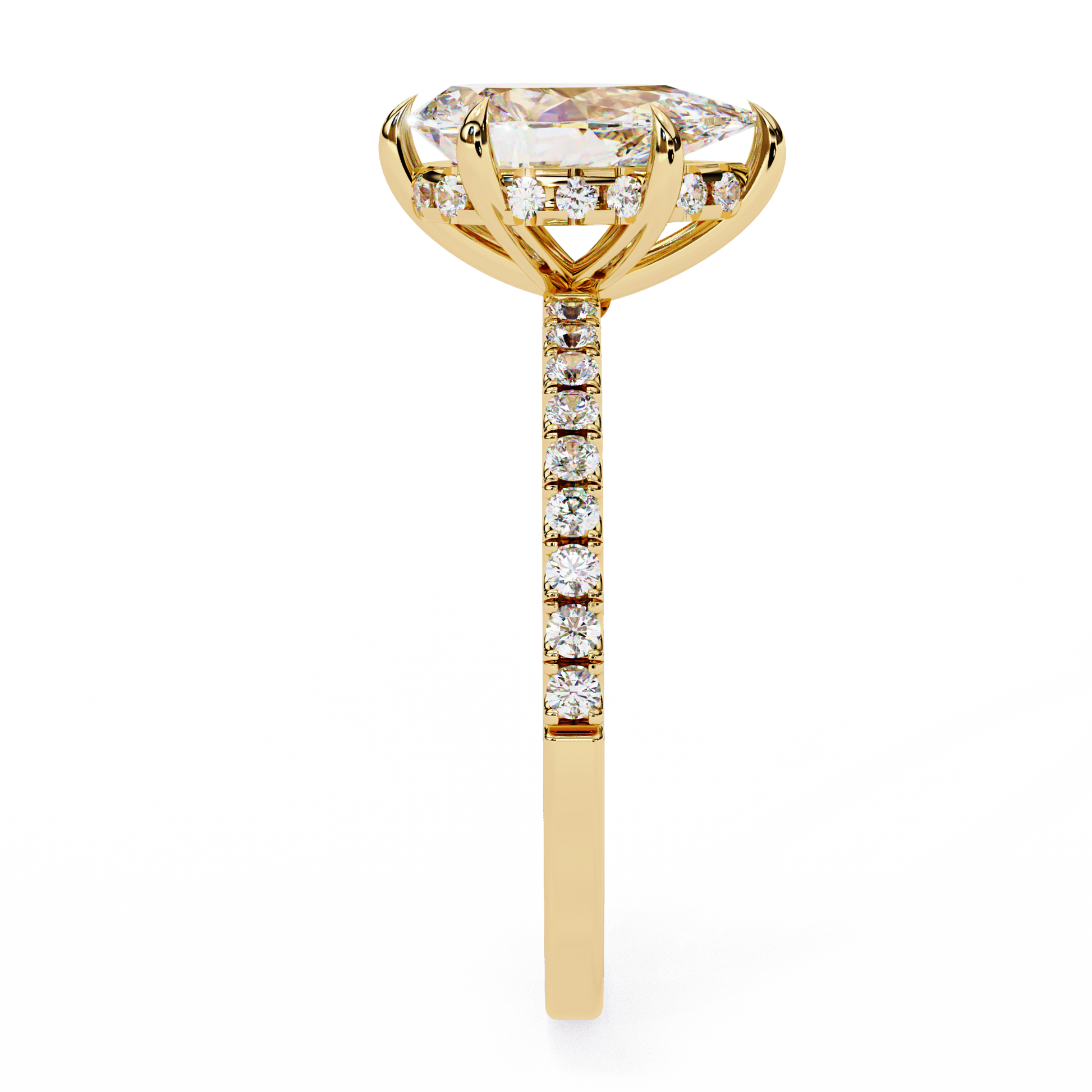 Unique Pear Cut Diamond Ring – with Hidden Halo and Diamond Band in Gold