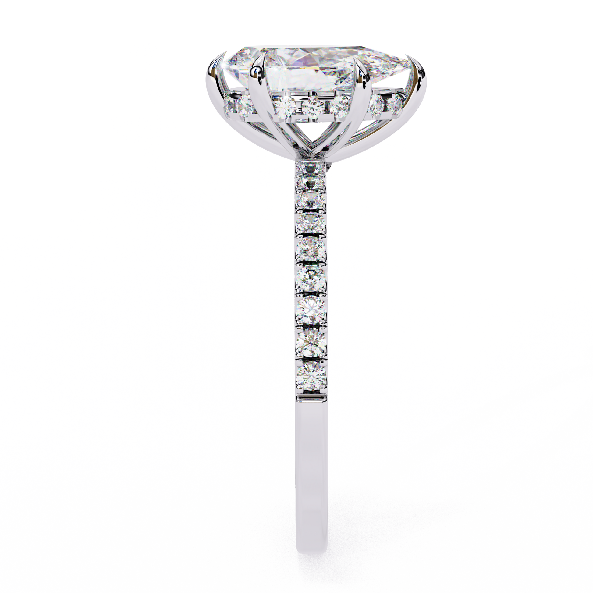 Unique Pear Cut Diamond Ring – with Hidden Halo and Diamond Band in Gold