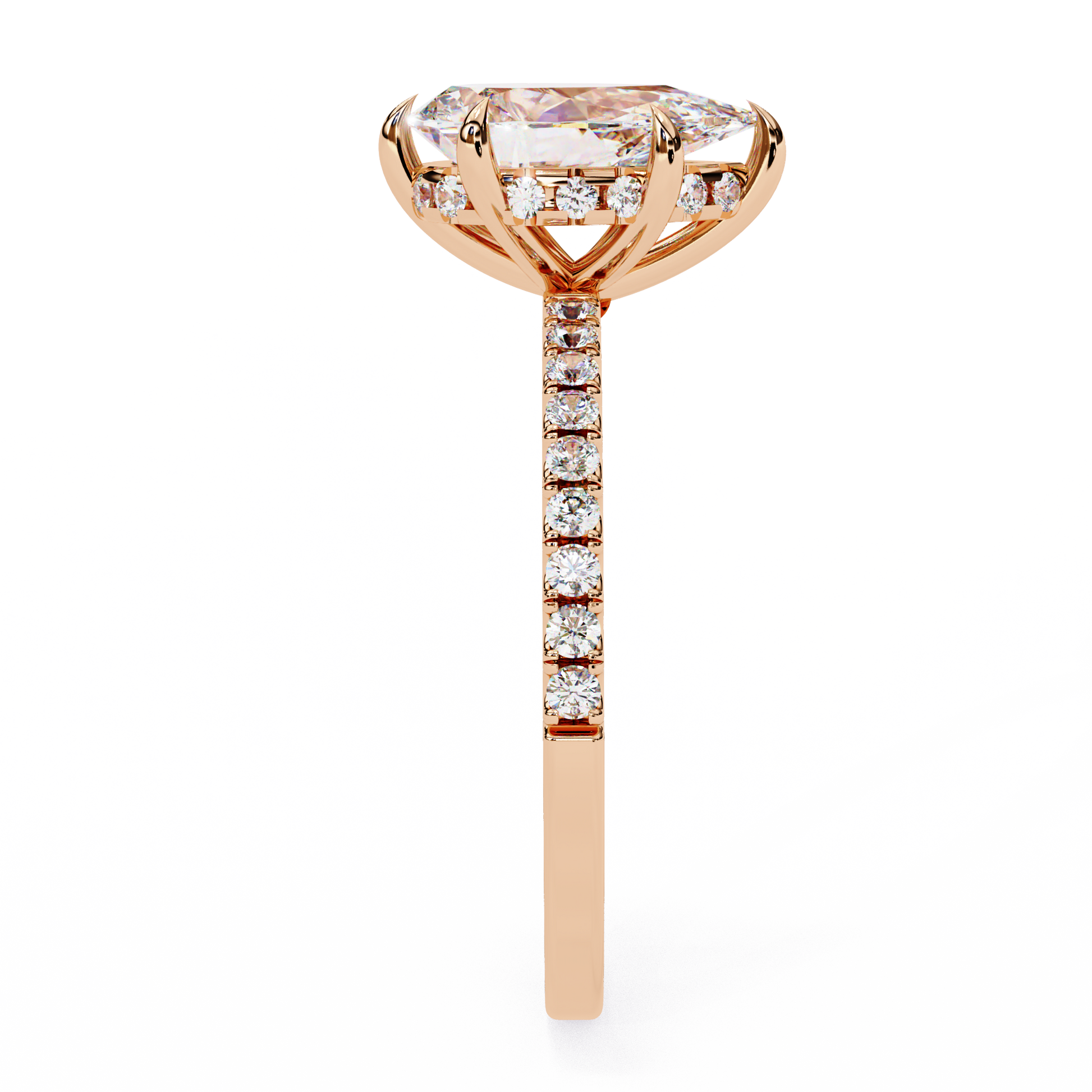 Unique Pear Cut Diamond Ring – with Hidden Halo and Diamond Band in Gold