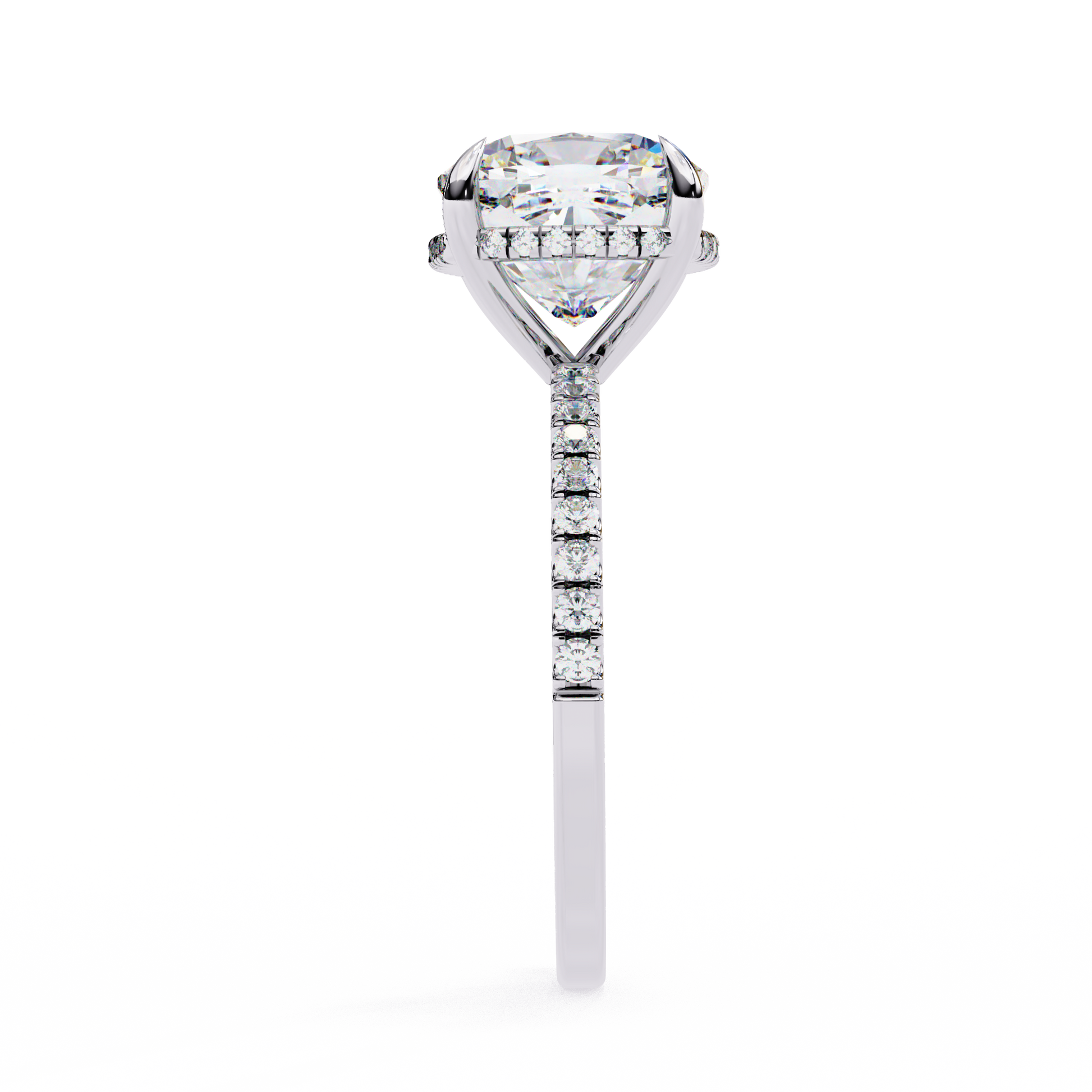 Elegant Cushion Cut Diamond Ring – with Hidden Halo and Diamond-Studded Band