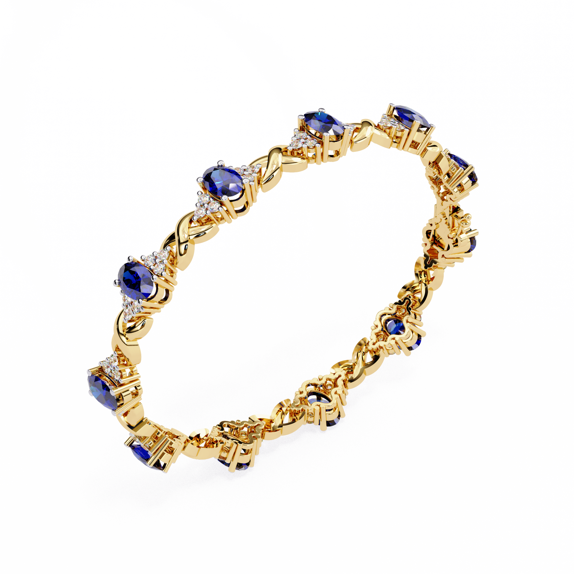 Premium Round Diamond Bracelet – Design with Blue Stone Center and White Diamonds in Gold