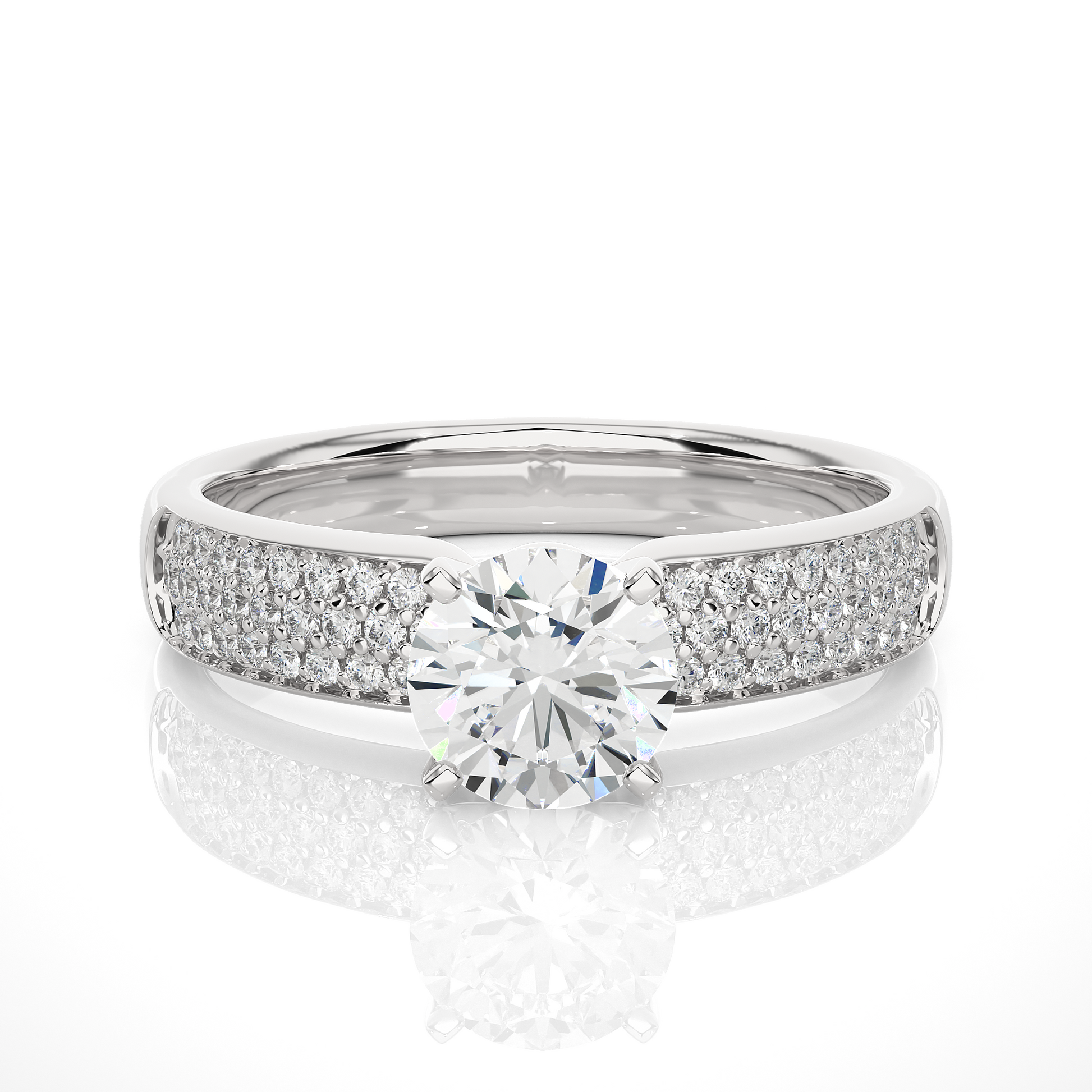 Round Diamond Ring – Solitaire Diamond with Three Lines of Small Diamonds on Thick Band