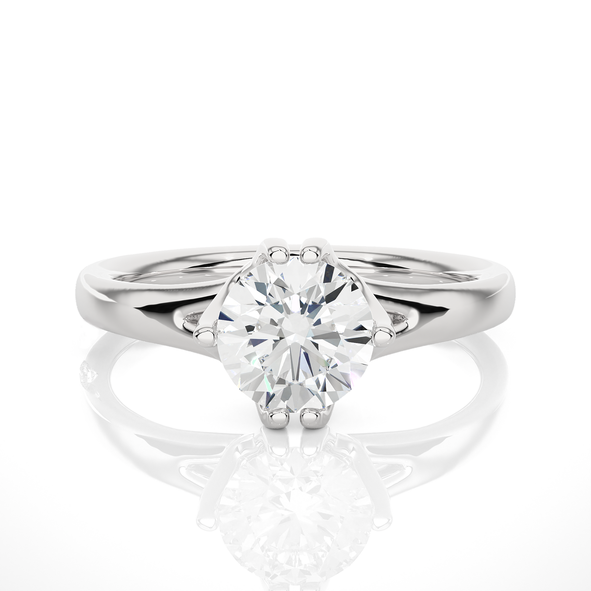 Round Diamond Ring – Solitaire Diamond Supported from 4 Sides with Plain Gold Band