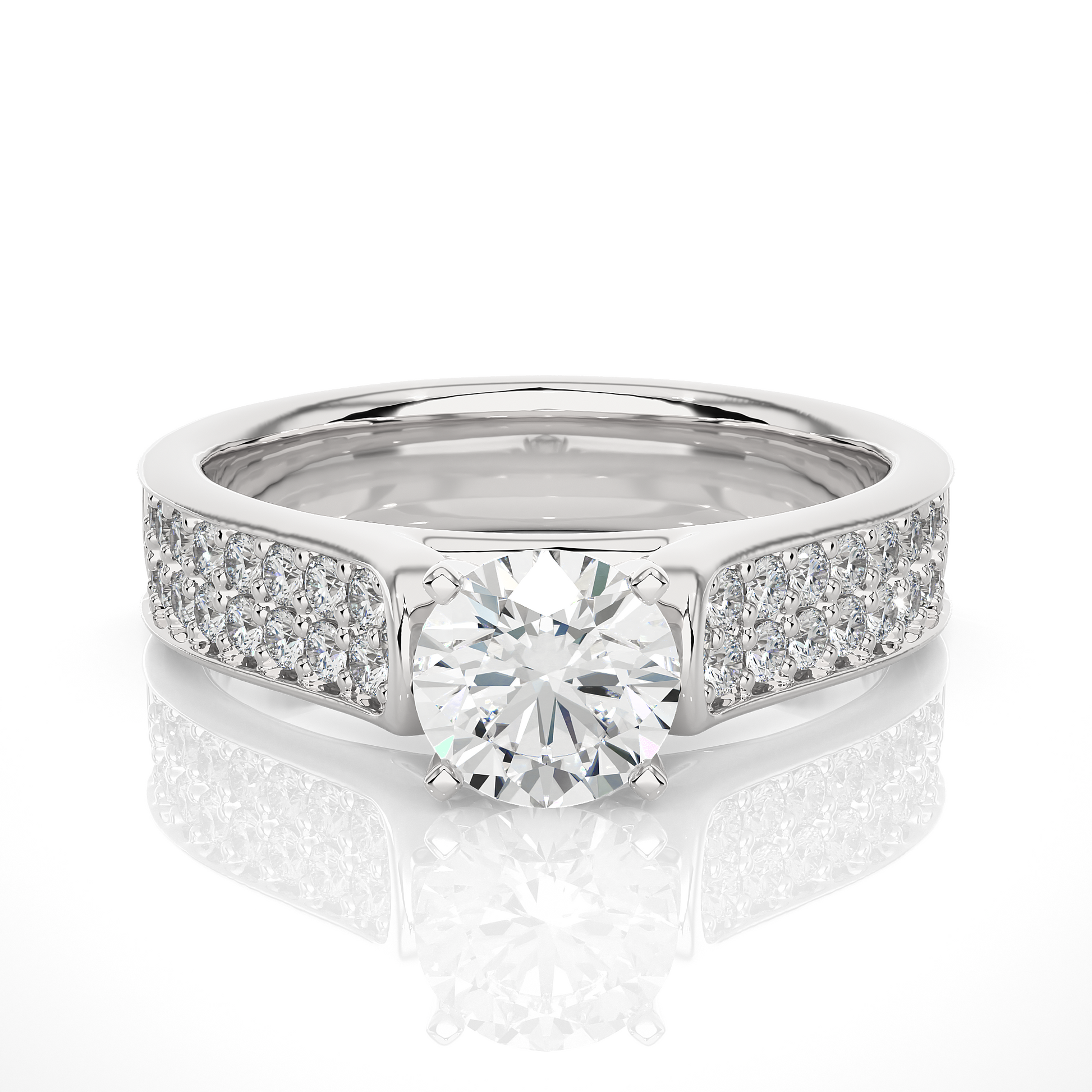 Round Diamond Ring – Solitaire Diamond with Two Lines of Small Diamonds on Thick Band