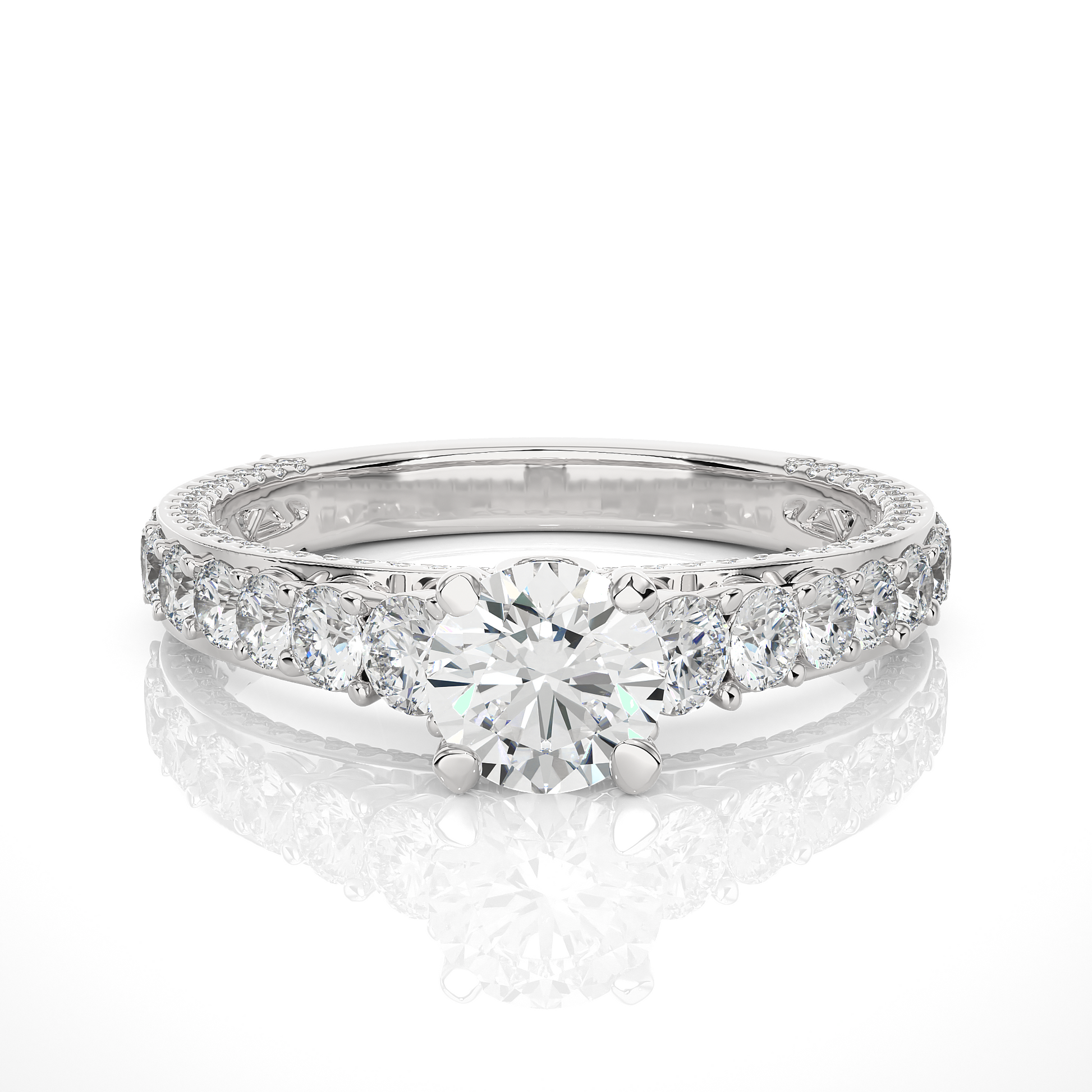 Round Diamond Ring – Solitaire Diamond with Small Diamonds Around and Sides of the Thick Ring in Elegant Design