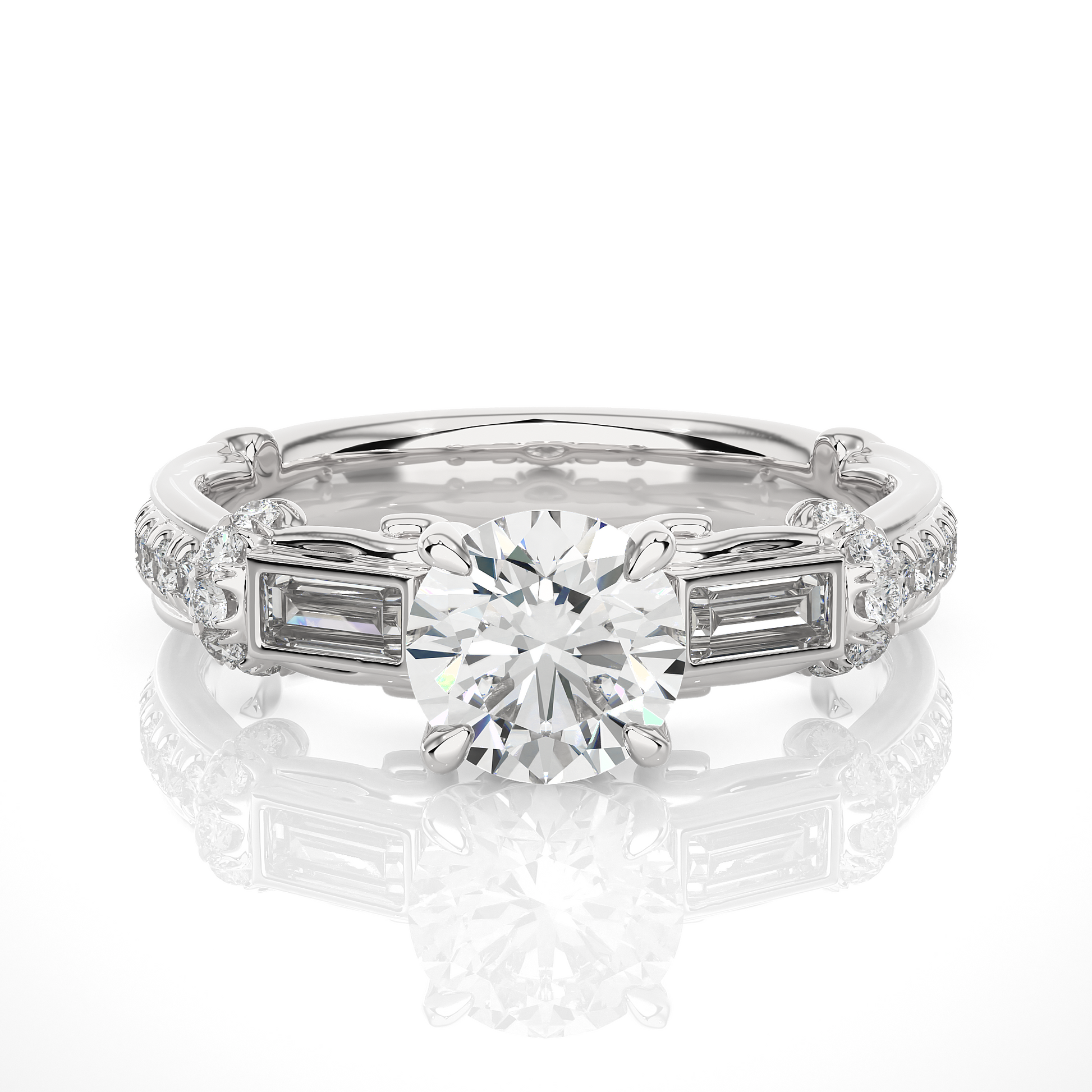 0.22+1+0.30 Ct Baguette + Round + Round Diamond Ring