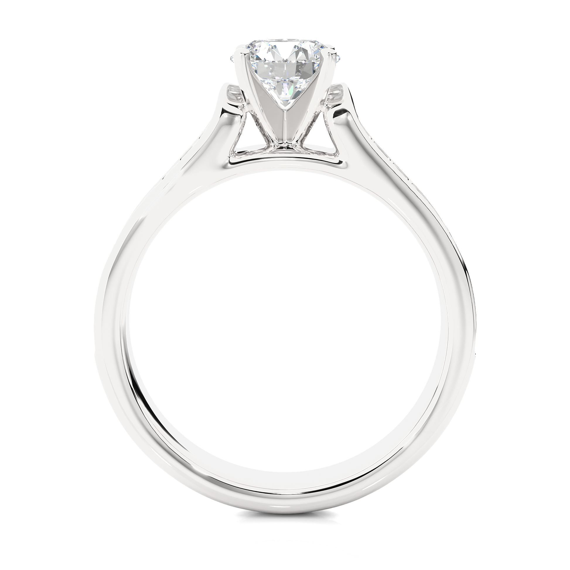 Round Diamond Ring – Solitaire Diamond with Two Lines of Small Diamonds on Thick Band