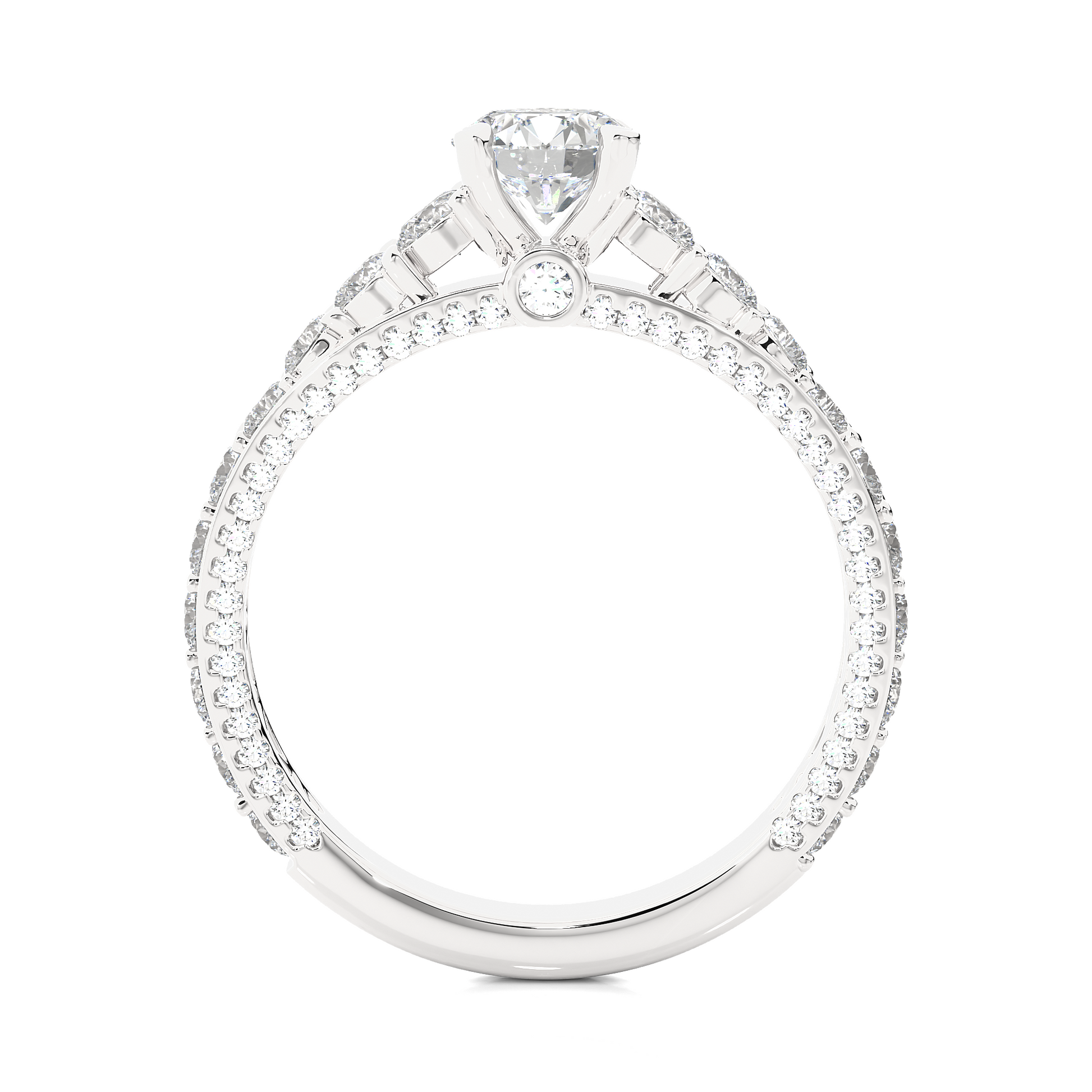 Round Diamond Ring – Solitaire Diamond with Small Diamonds Around and Sides of the Thick Ring in Elegant Design