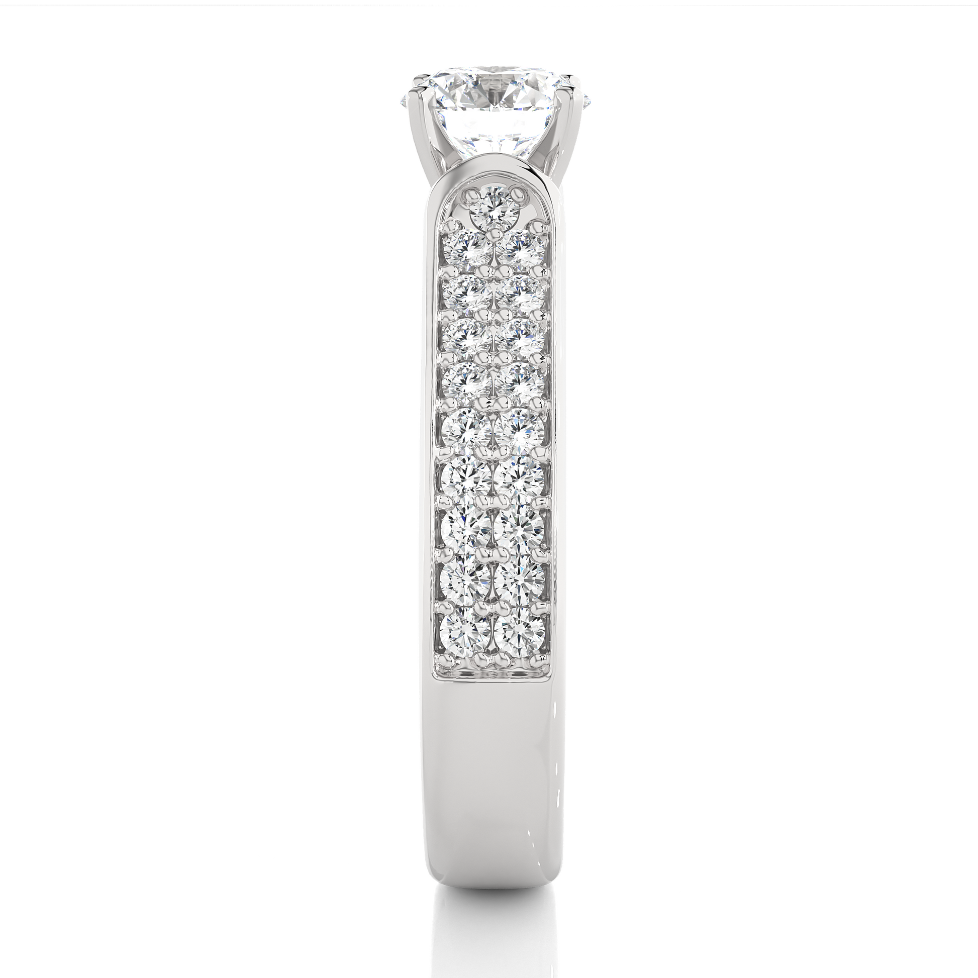 Round Diamond Ring – Solitaire Diamond with Two Lines of Small Diamonds on Thick Band