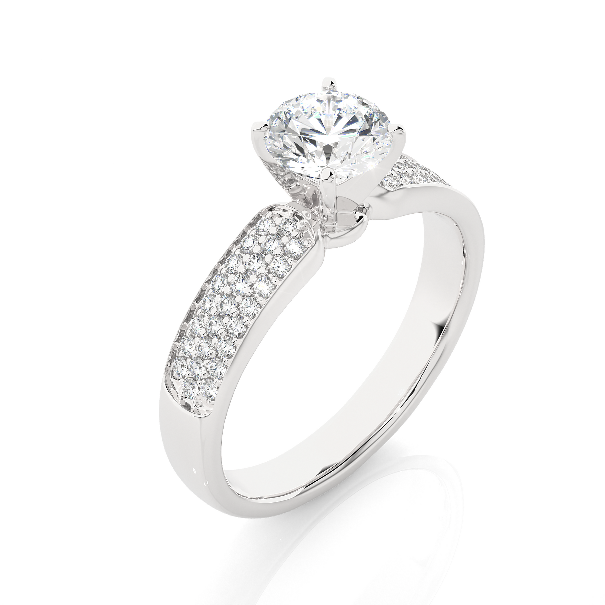 Round Diamond Ring – Solitaire Diamond with Three Lines of Small Diamonds on Thick Band
