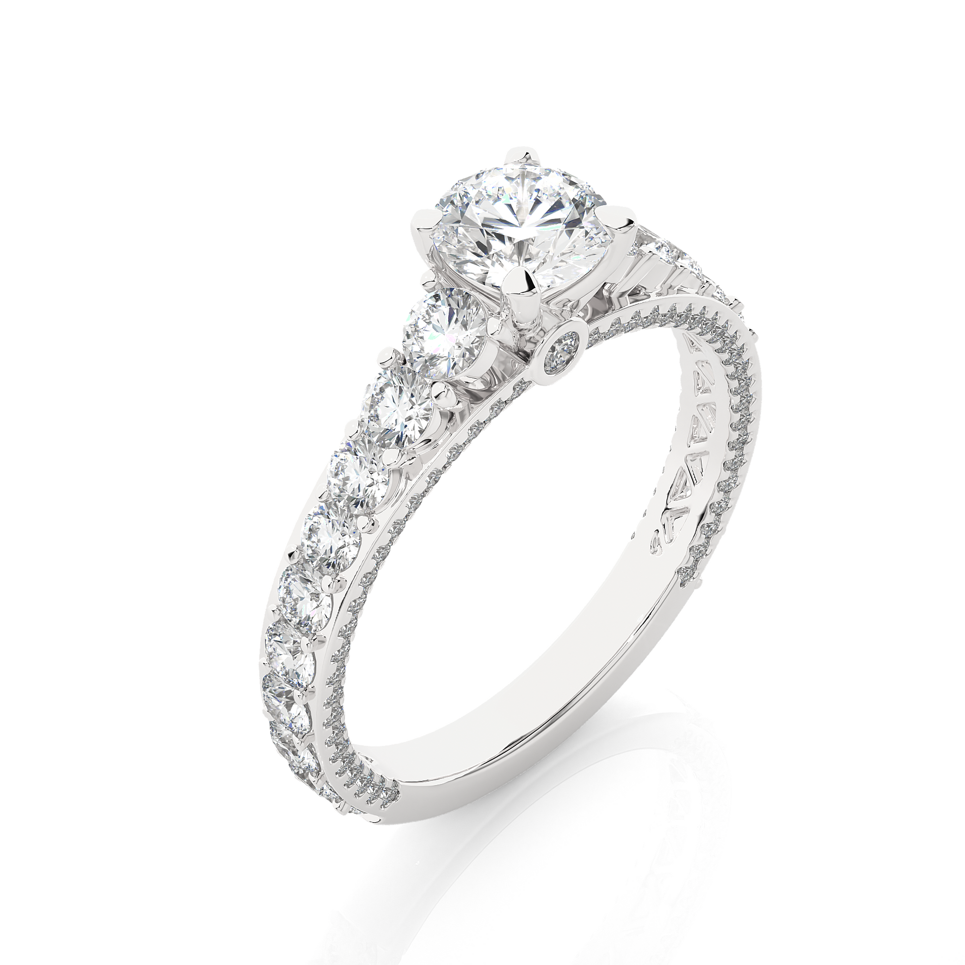 Round Diamond Ring – Solitaire Diamond with Small Diamonds Around and Sides of the Thick Ring in Elegant Design