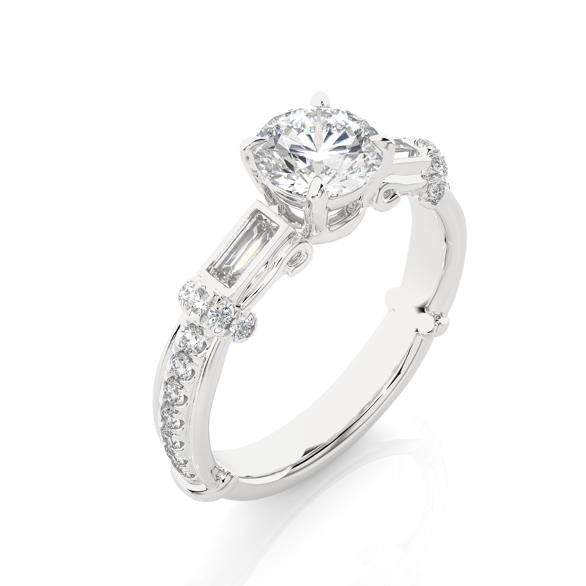 0.22+1+0.30 Ct Baguette + Round + Round Diamond Ring