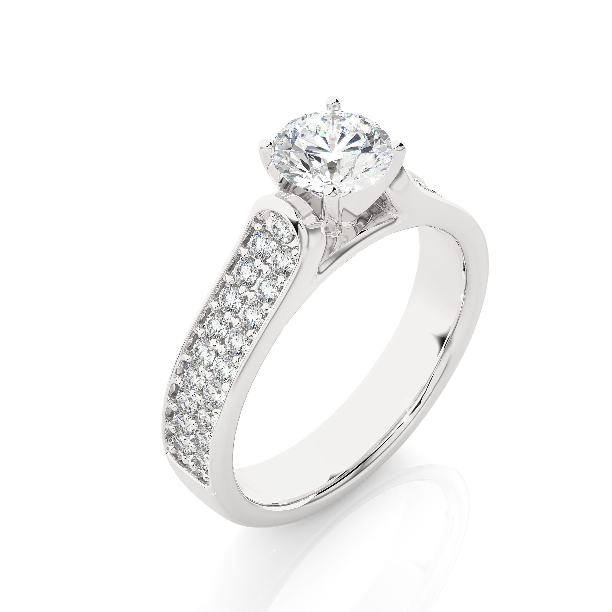 Round Diamond Ring – Solitaire Diamond with Two Lines of Small Diamonds on Thick Band
