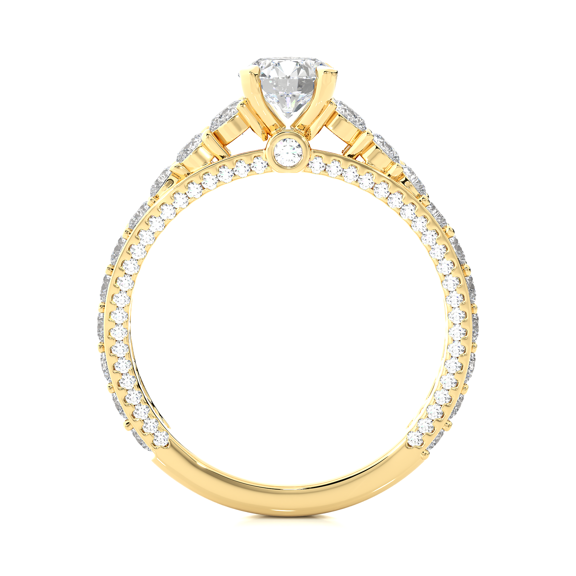 Round Diamond Ring – Solitaire Diamond with Small Diamonds Around and Sides of the Thick Ring in Elegant Design