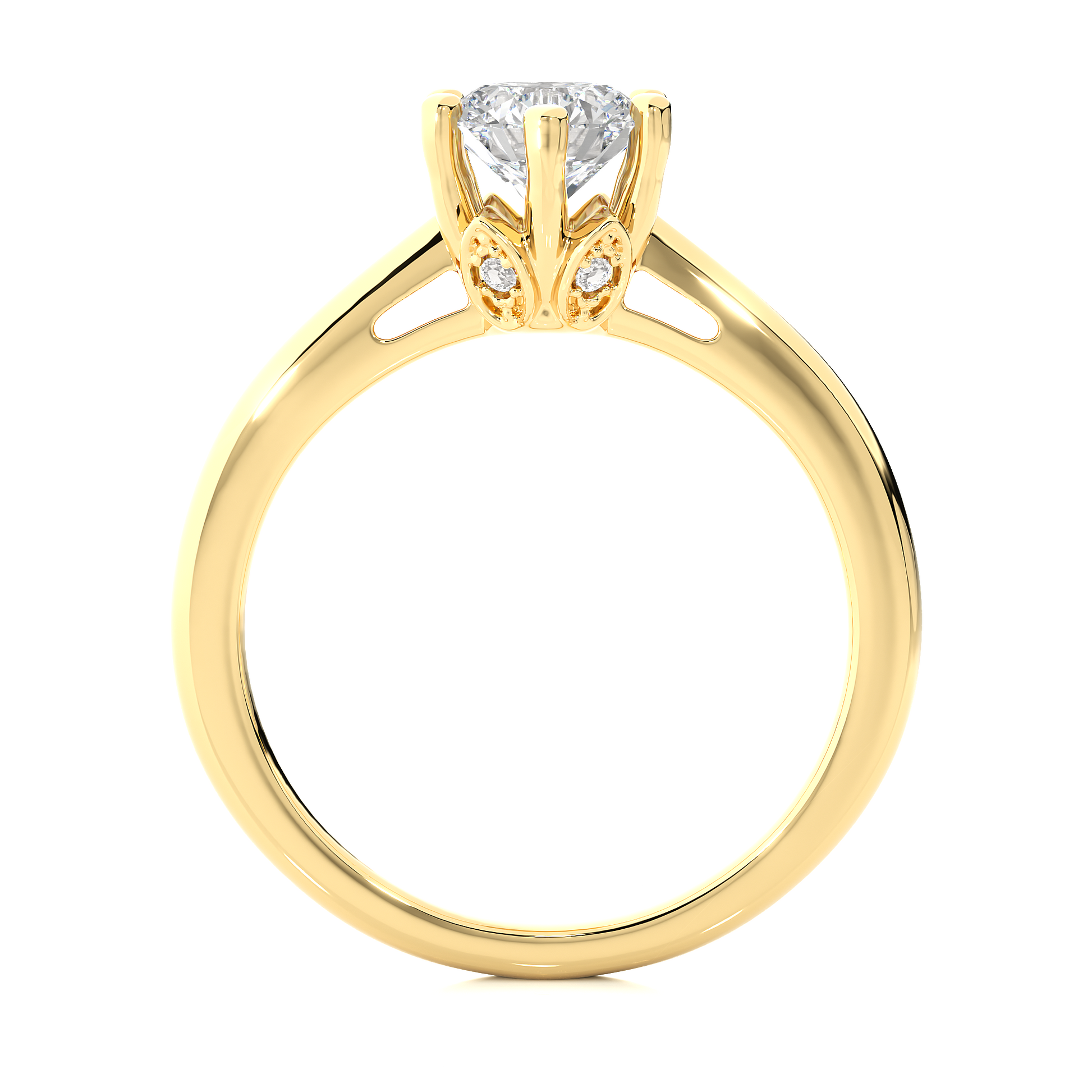 Round Diamond Ring – 6-Side Supported with Circular Diamond and Small Top Circle in Plain Gold
