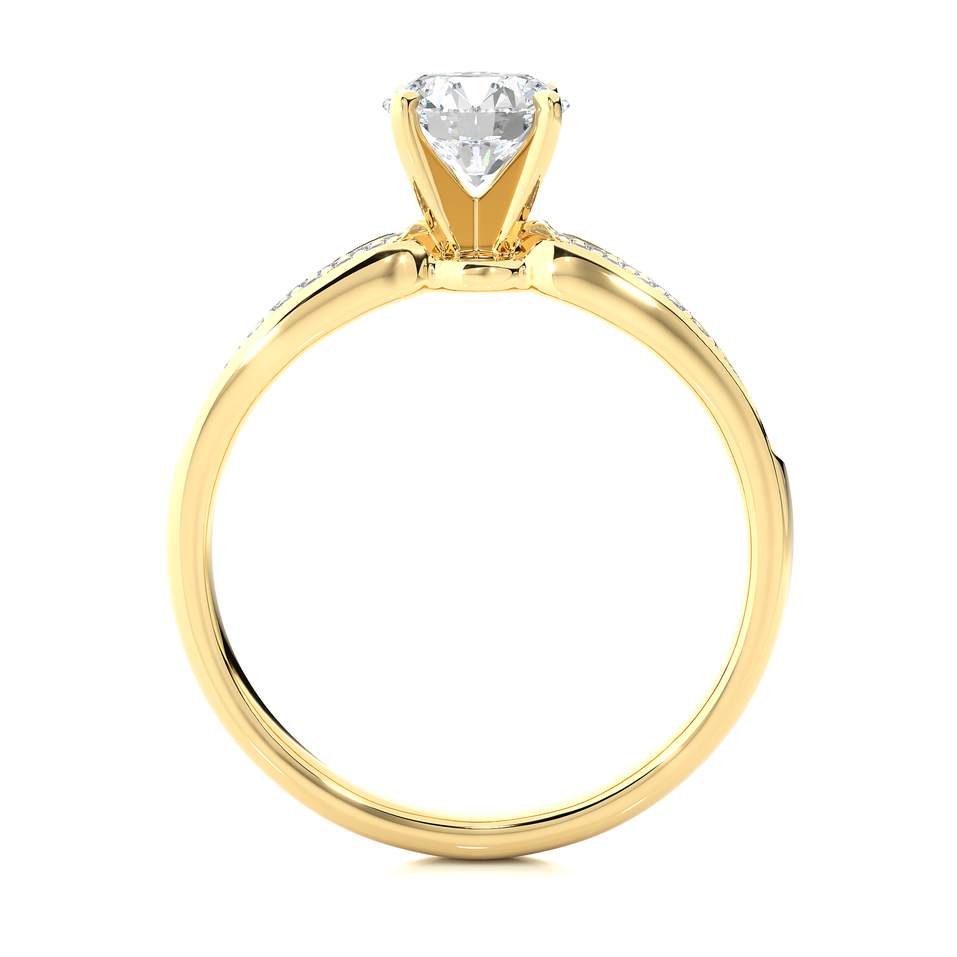 Round Diamond Ring – Solitaire Diamond with Three Lines of Small Diamonds on Thick Band