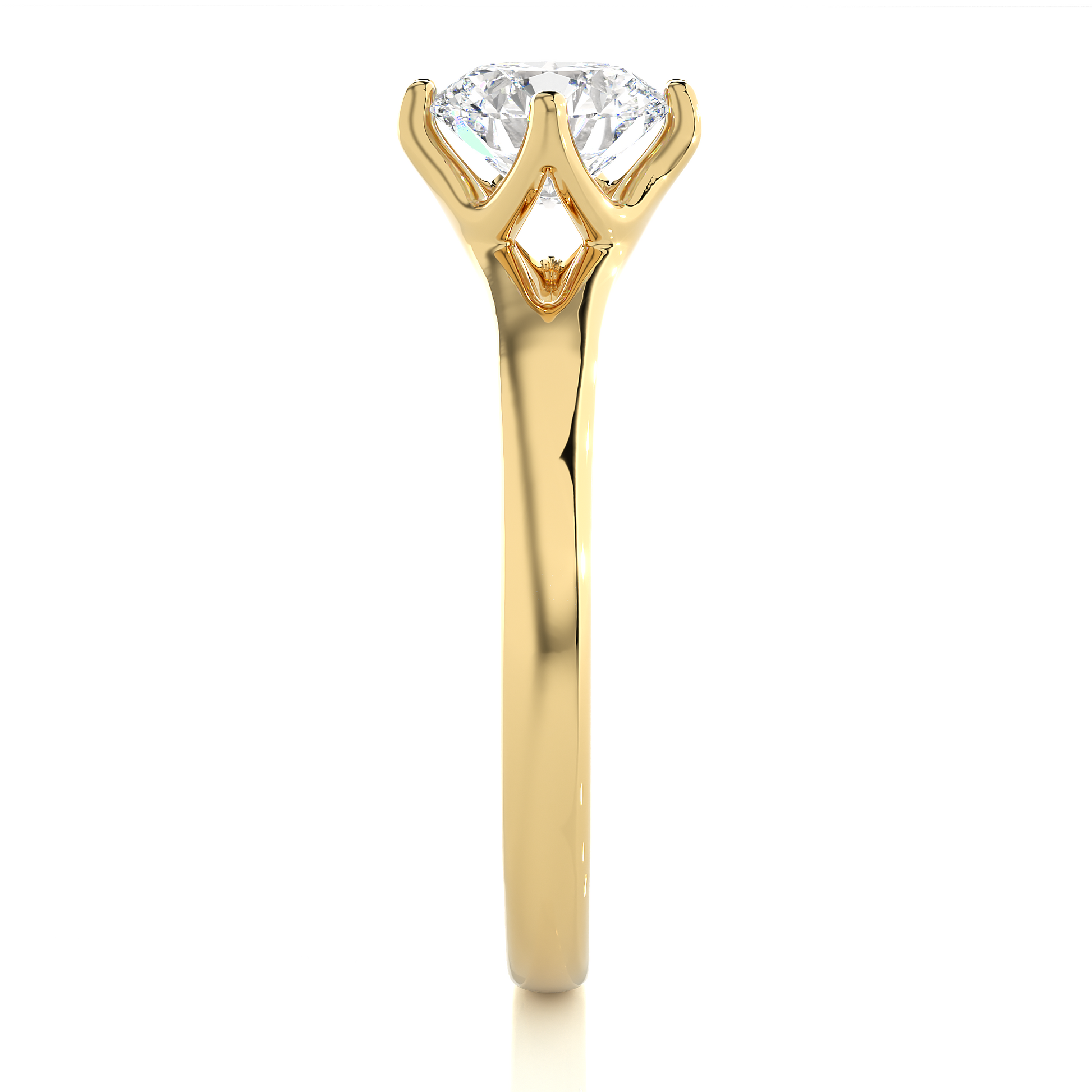 Round Diamond Ring – Solitaire Diamond Supported from 4 Sides with Plain Gold Band