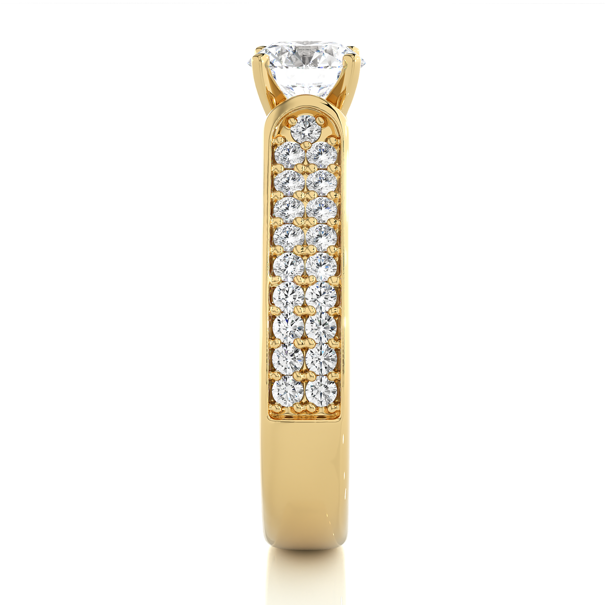 Round Diamond Ring – Solitaire Diamond with Two Lines of Small Diamonds on Thick Band