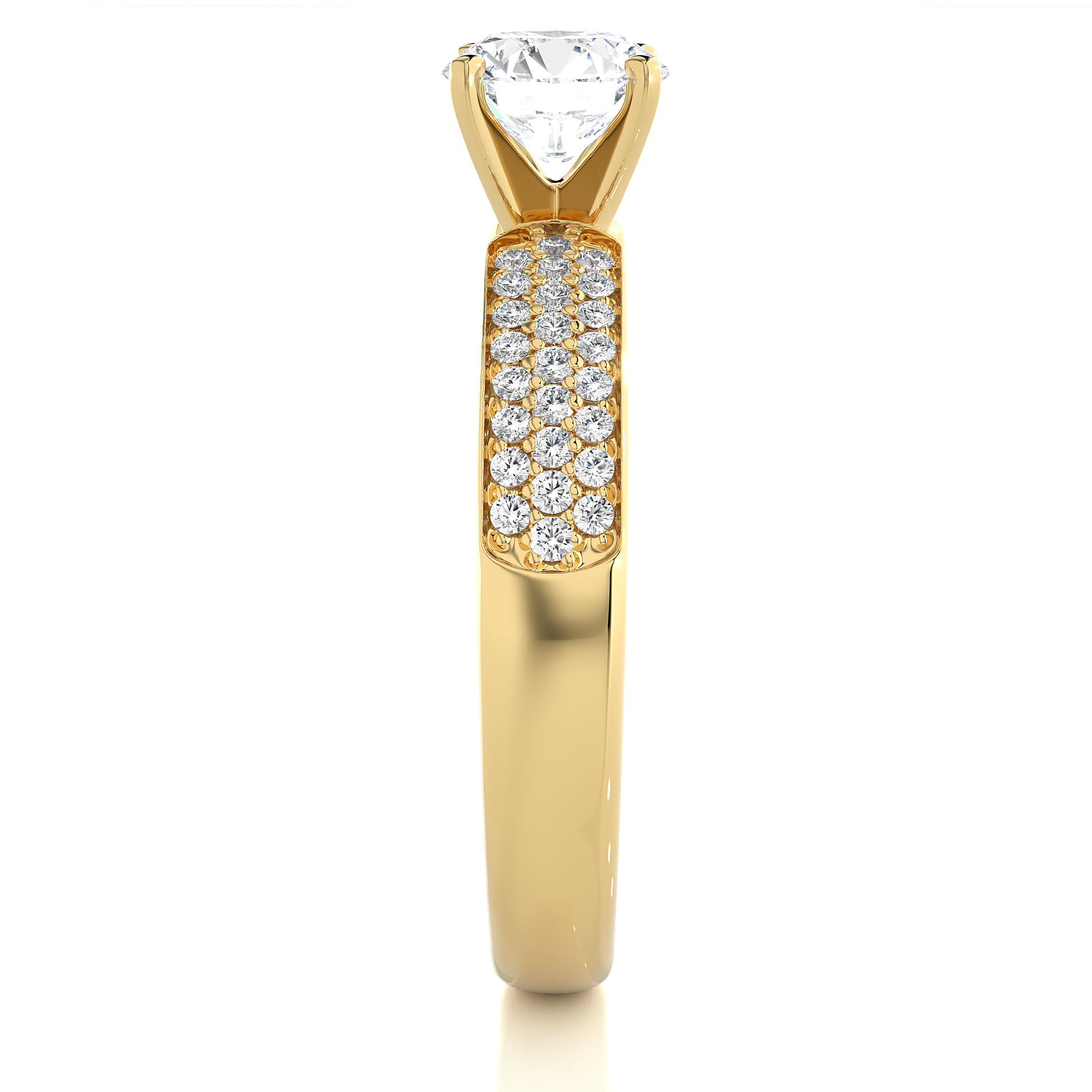 Round Diamond Ring – Solitaire Diamond with Three Lines of Small Diamonds on Thick Band