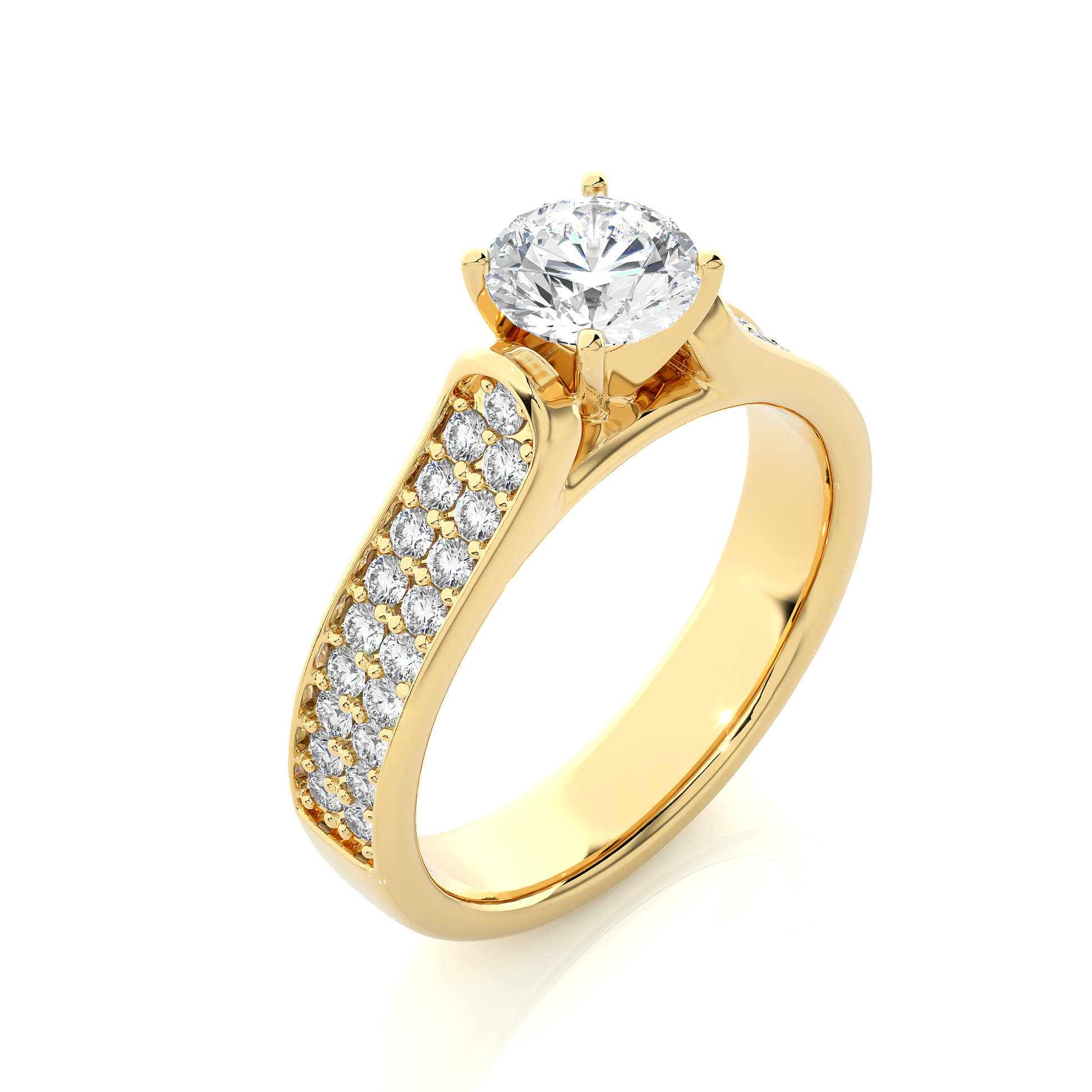 Round Diamond Ring – Solitaire Diamond with Two Lines of Small Diamonds on Thick Band