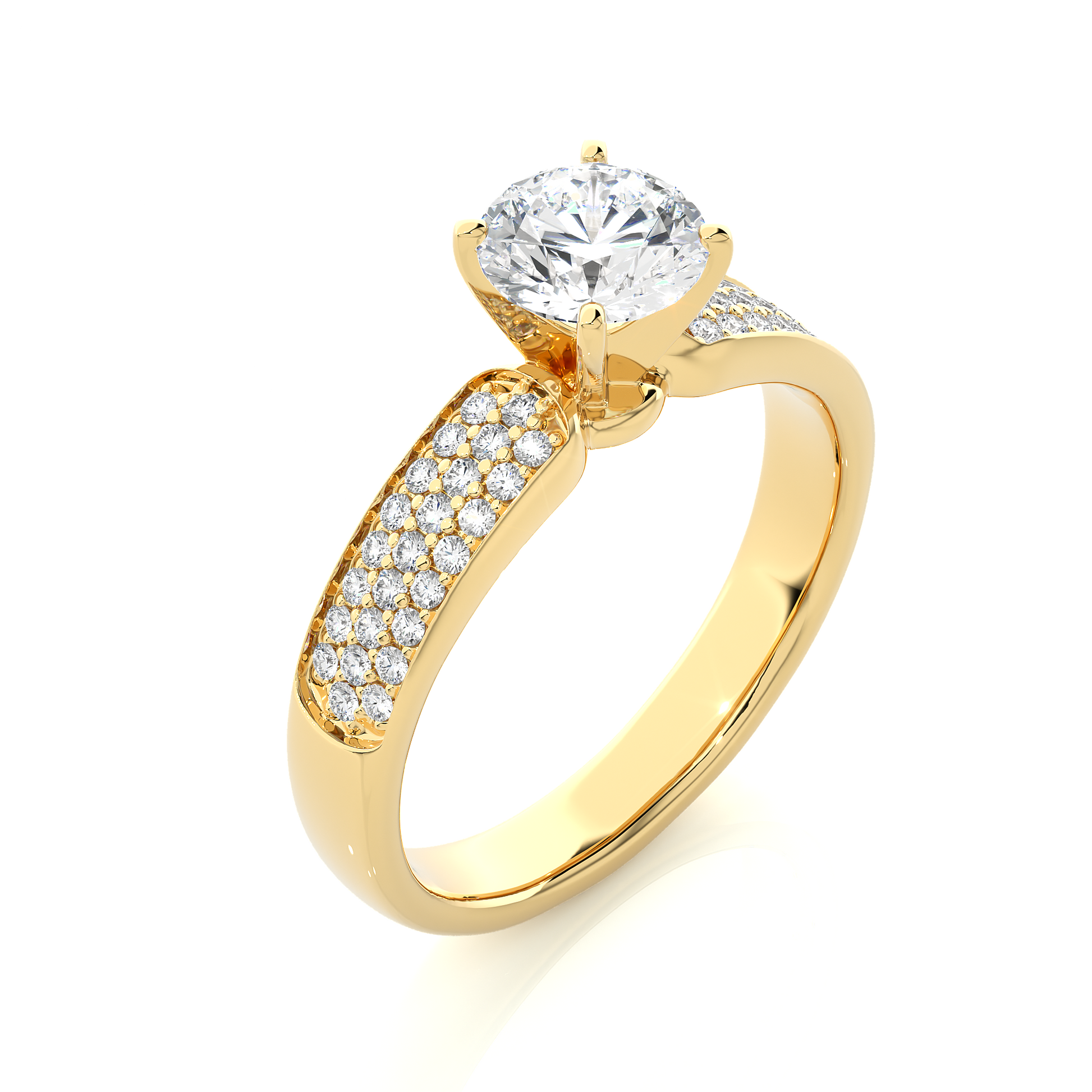 Round Diamond Ring – Solitaire Diamond with Three Lines of Small Diamonds on Thick Band