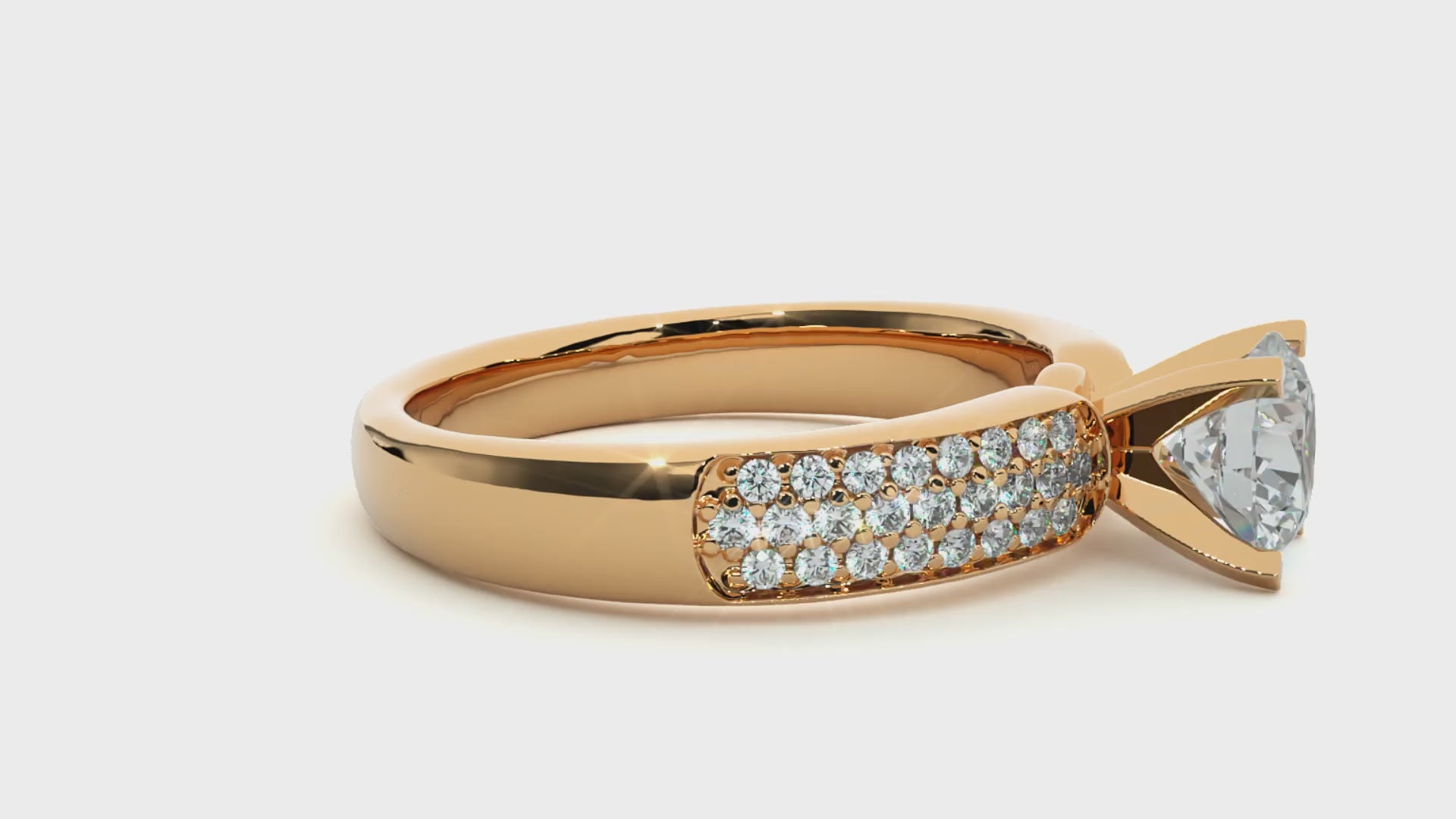 Round Diamond Ring – Solitaire Diamond with Three Lines of Small Diamonds on Thick Band