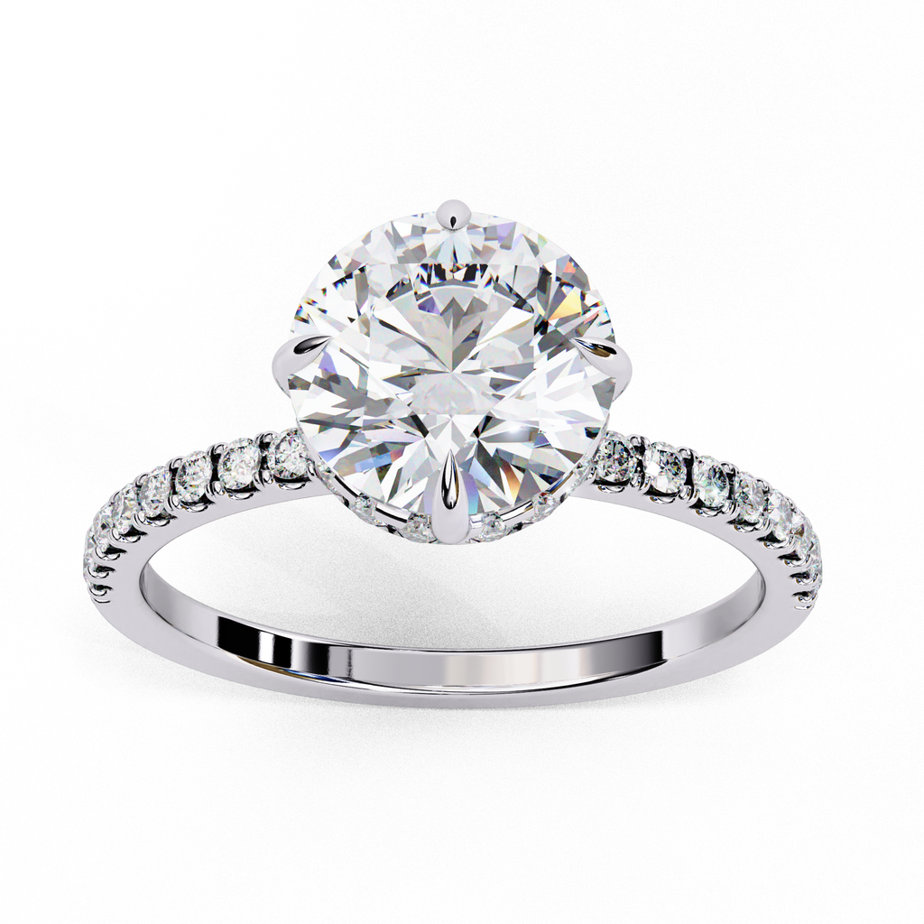 Timeless Elegance: Round Cut Lab-Grown Diamond Ring with Basket Halo and Diamond Band in Gold