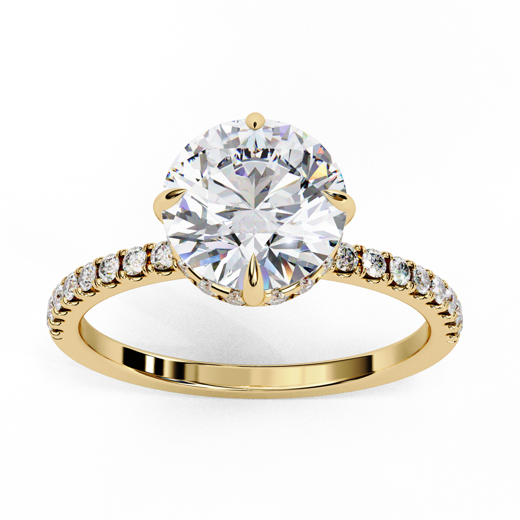 Timeless Elegance: Round Cut Lab-Grown Diamond Ring with Basket Halo and Diamond Band in Gold