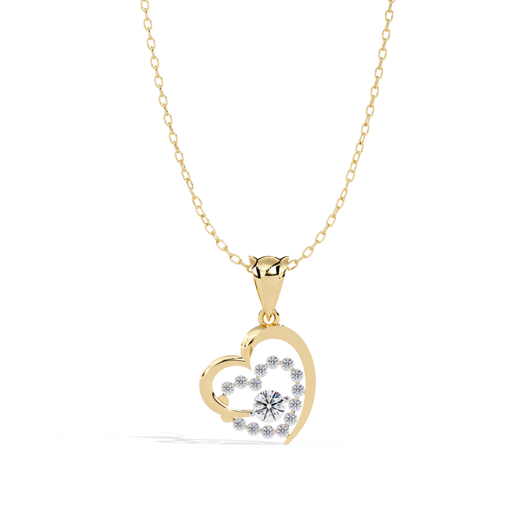 Solitaire Lab Grown Diamonds Heart Swirl Pendant in 14K Gold – Main + Round Diamonds