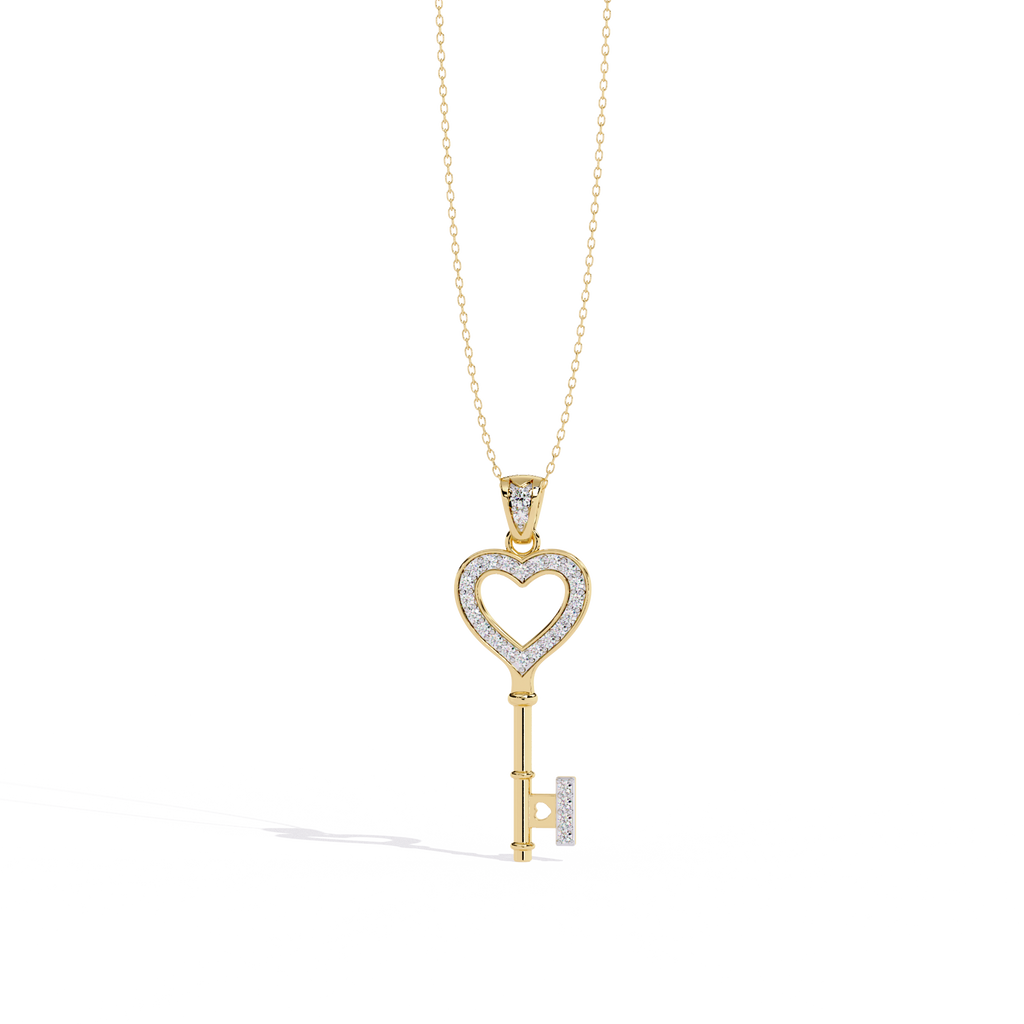 Lab Grown Diamonds Heart Key Pendant in Gold – Round Cut Diamonds