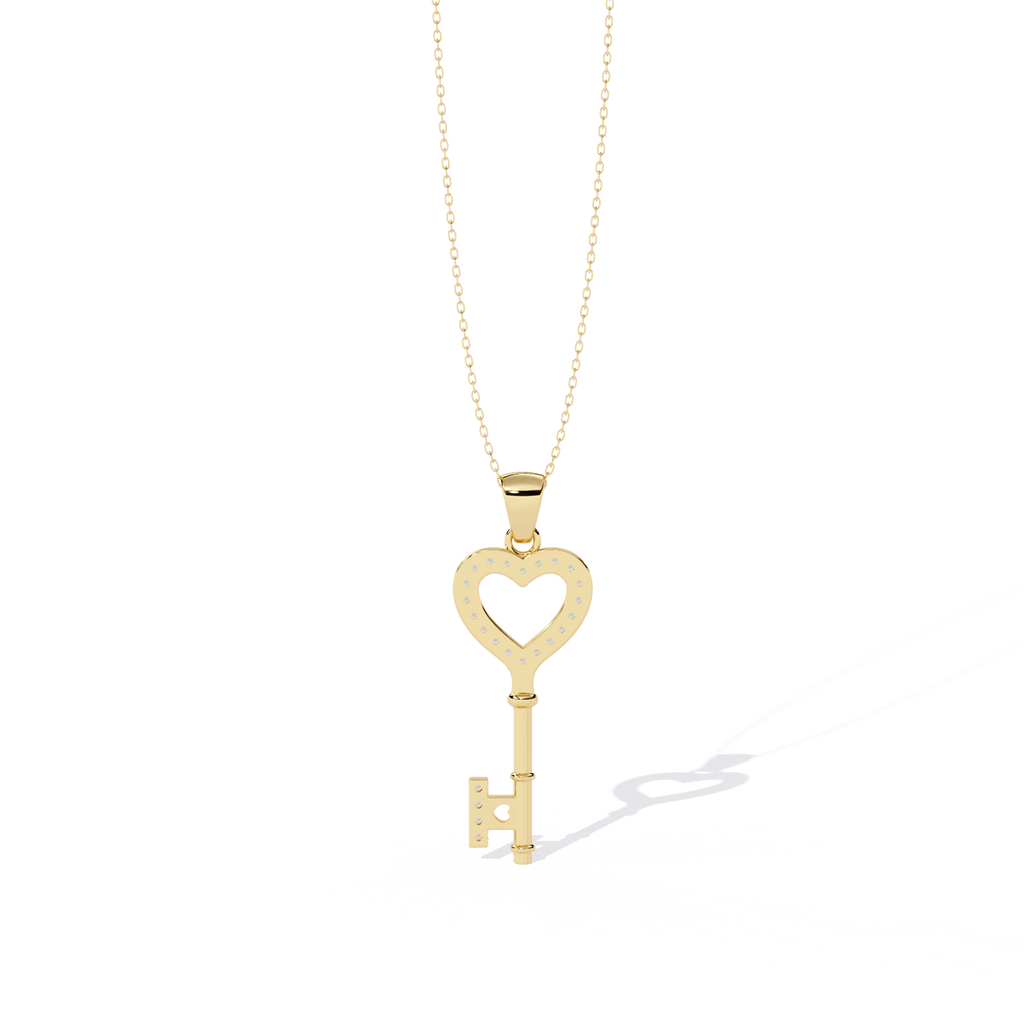 Lab Grown Diamonds Heart Key Pendant in Gold – Round Cut Diamonds