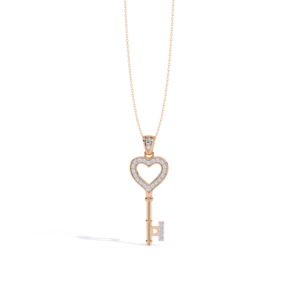 Lab Grown Diamonds Heart Key Pendant in Gold – Round Cut Diamonds