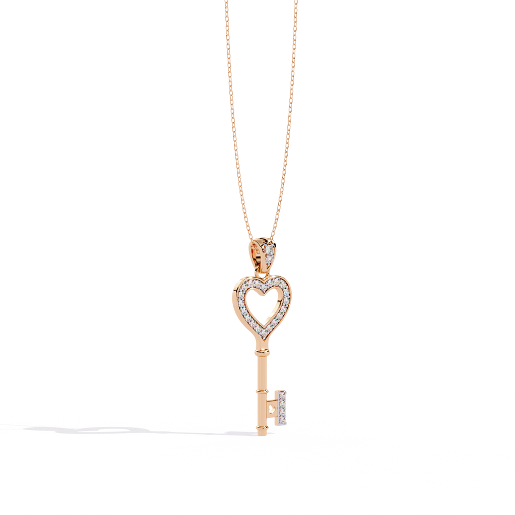 Lab Grown Diamonds Heart Key Pendant in Gold – Round Cut Diamonds