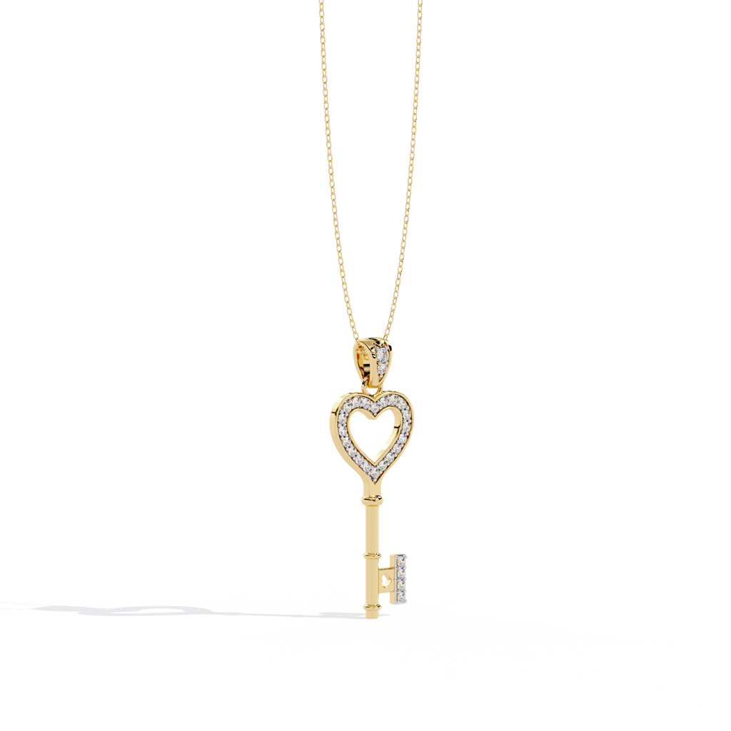 Lab Grown Diamonds Heart Key Pendant in Gold – Round Cut Diamonds