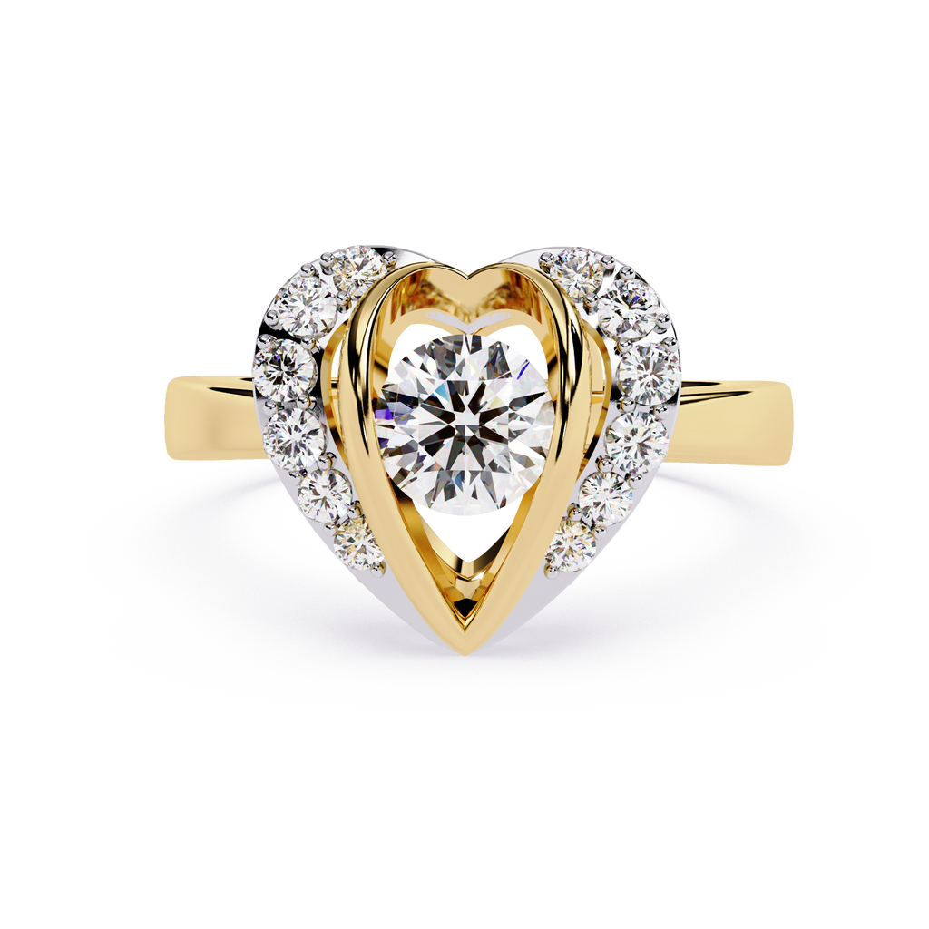 A gold ring featuring a heart-shaped diamond centerpiece 