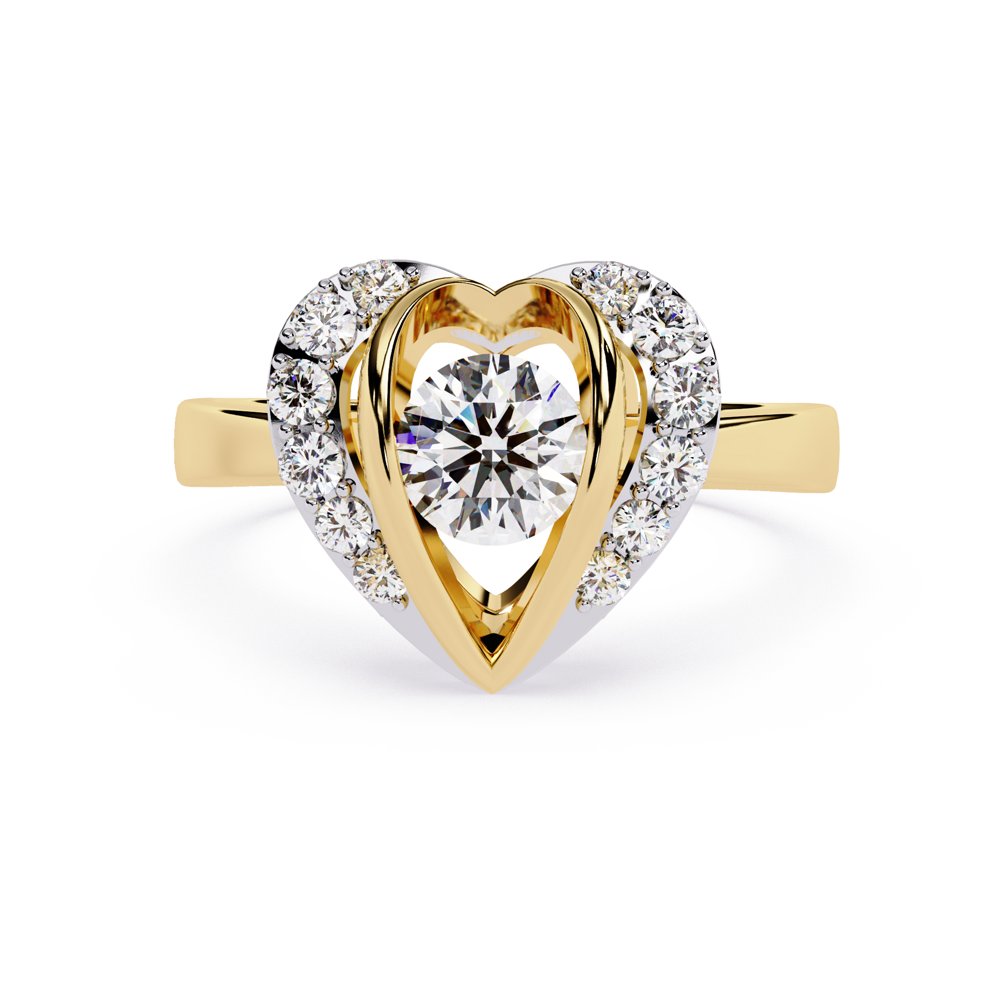 A gold ring featuring a heart-shaped diamond centerpiece 