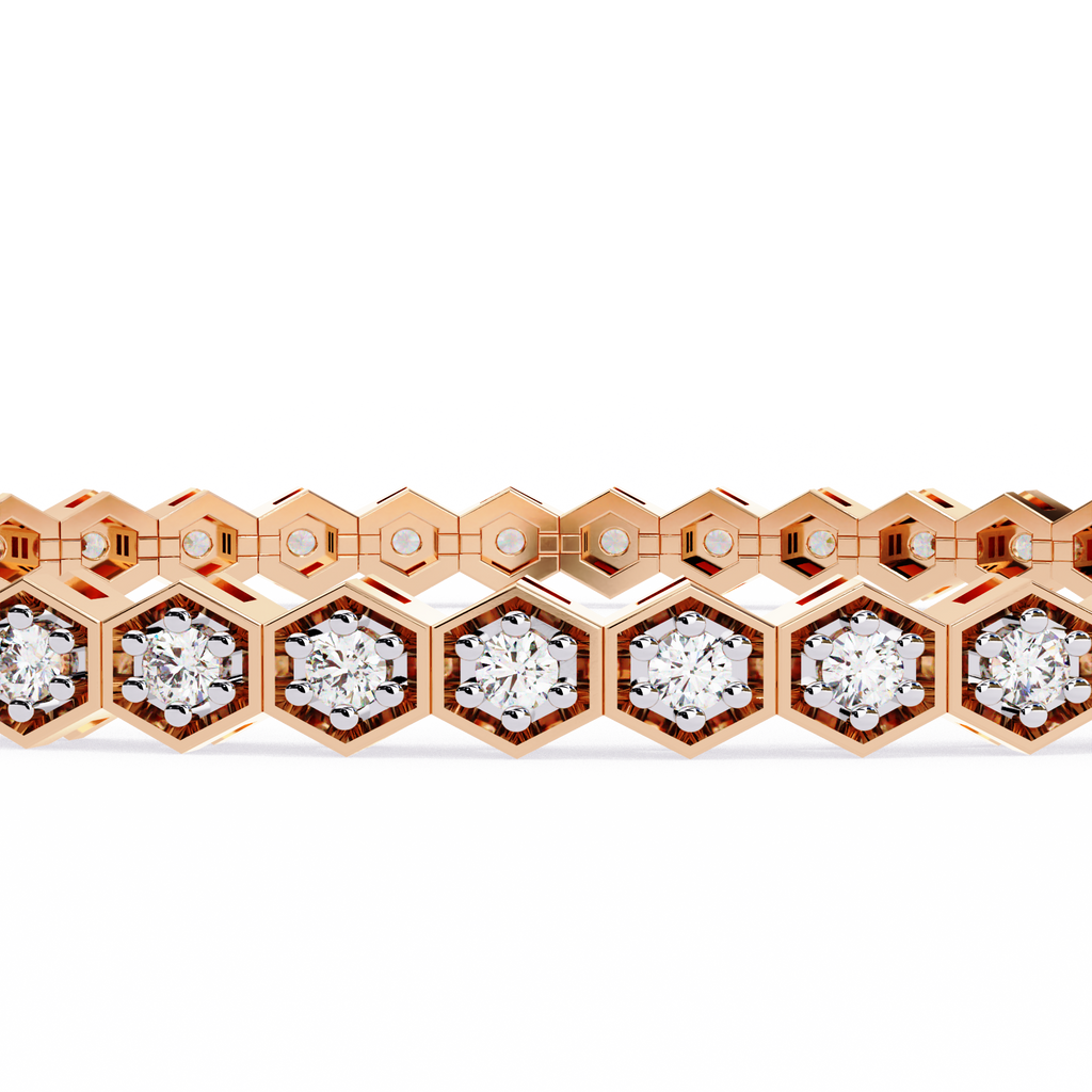 Premium Round Diamond Bracelet – Hexagon Shape Diamonds with Golden Borders in Gold