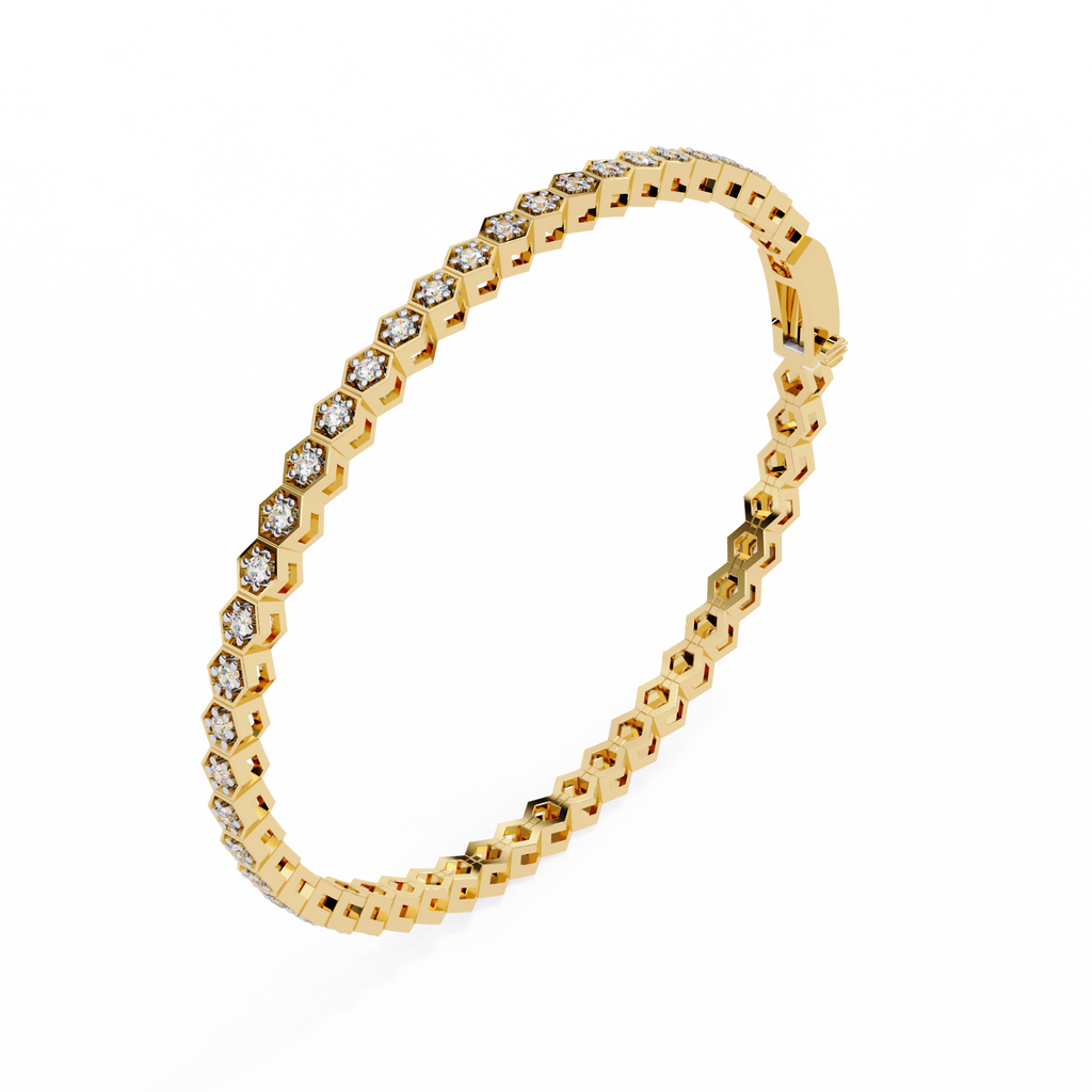 Premium Round Diamond Bracelet – Hexagon Shape Diamonds with Golden Borders in Gold