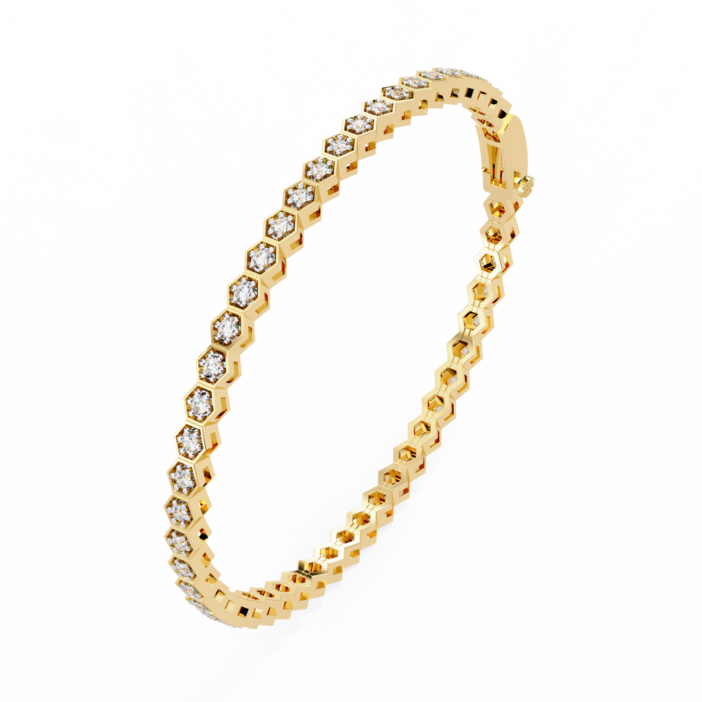 Premium Round Diamond Bracelet – Hexagon Shape Diamonds with Golden Borders in Gold