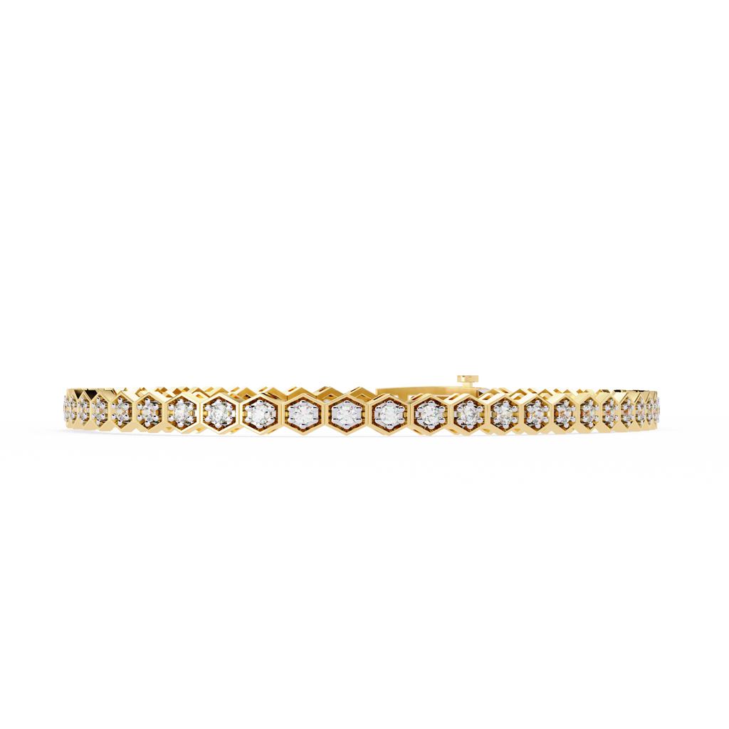 Premium Round Diamond Bracelet – Hexagon Shape Diamonds with Golden Borders in Gold