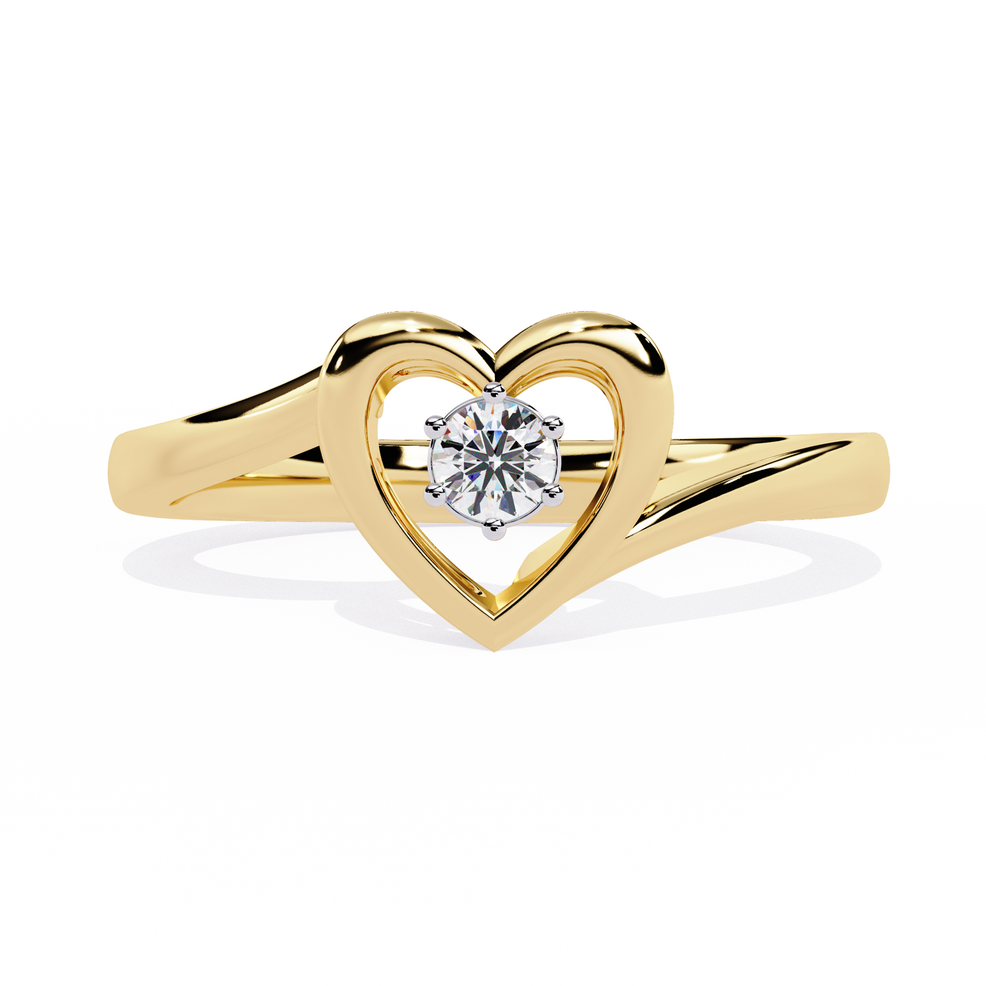 Gold open heart ring with central round solitaire diamond for women